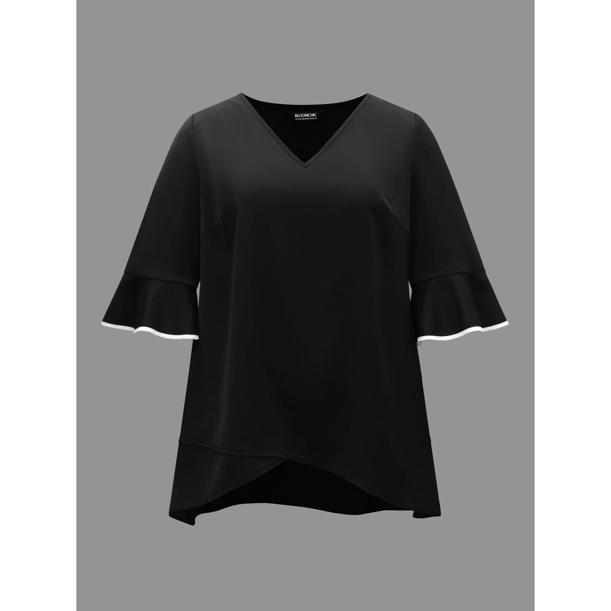 Plus Size Black Color-Block Spliced Ruffled Overlap Hem Blouse Women At the Office Elbow-length sleeve V-neck Work Blouses BloomChic 10/M Product Image