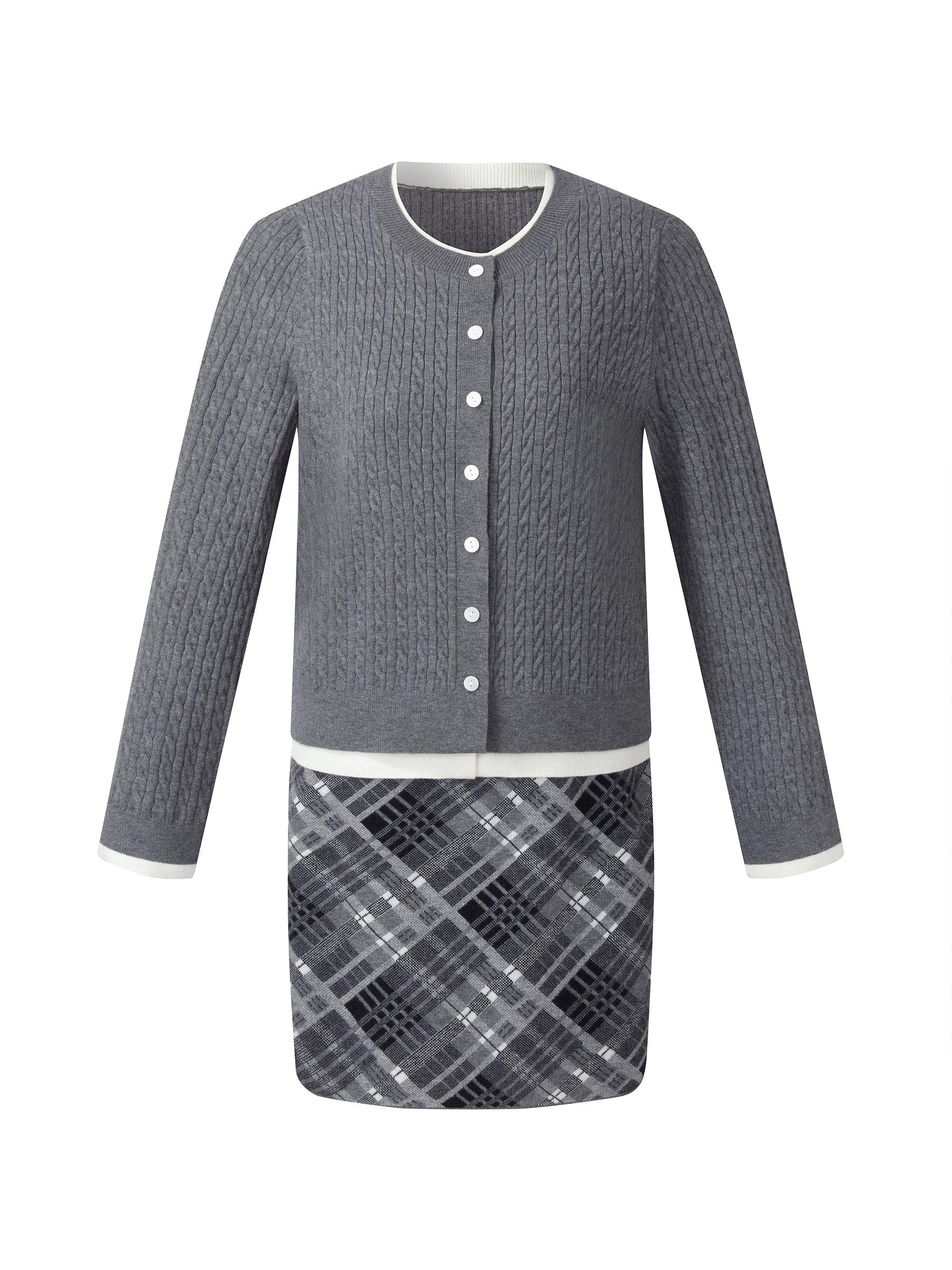 Faux-Layered Cardigan And Plaid Skirt Two-Piece Set Product Image
