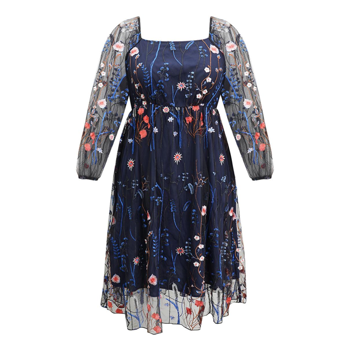 Plus Size Square Neck Embroidered Lace Mesh Lantern Sleeve Dress Navy Women Formal Elastic cuffs Square Neck Long Sleeve Curvy Midi Dress BloomChic 12/L Product Image