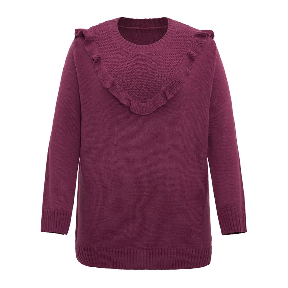 Plus Size Solid Flutter Trim Plisse Loose Pullover Burgundy Women Casual Loose Long Sleeve Round Neck Dailywear Pullovers BloomChic 28/5X Product Image
