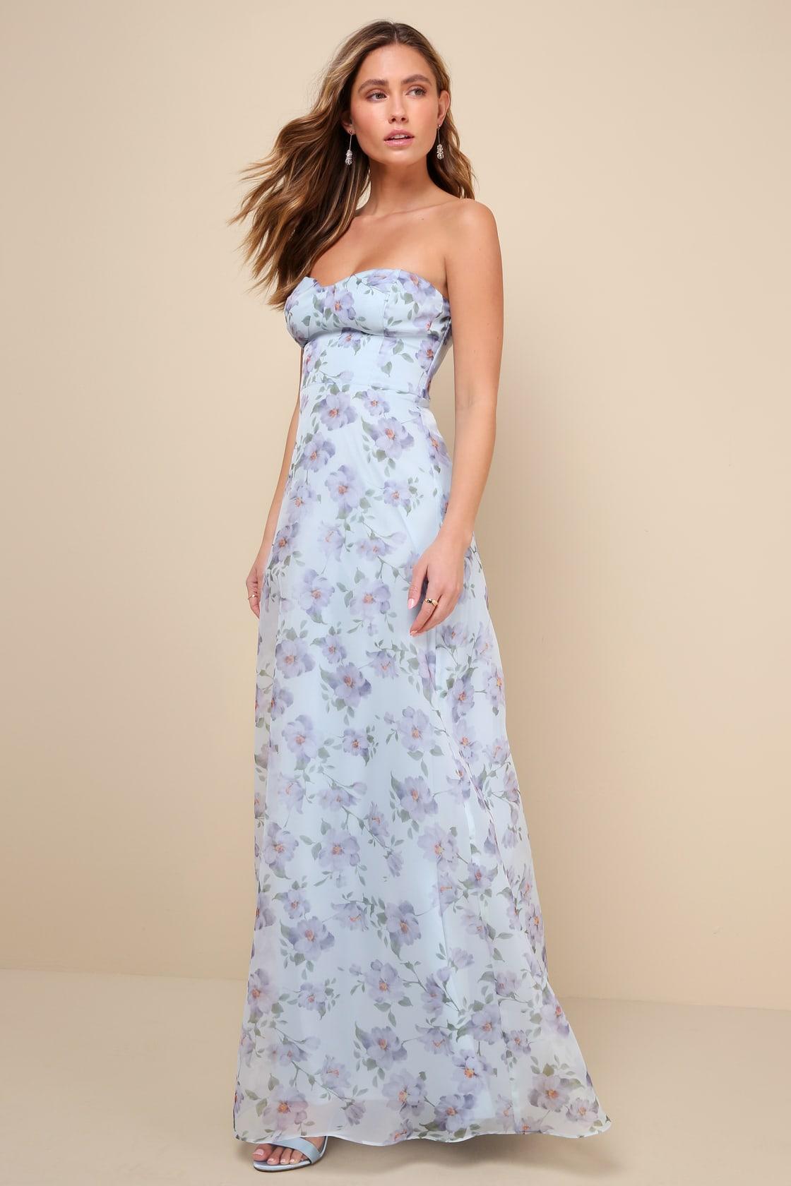 Chic Preciousness Light Blue Floral Organza Bustier Maxi Dress Product Image