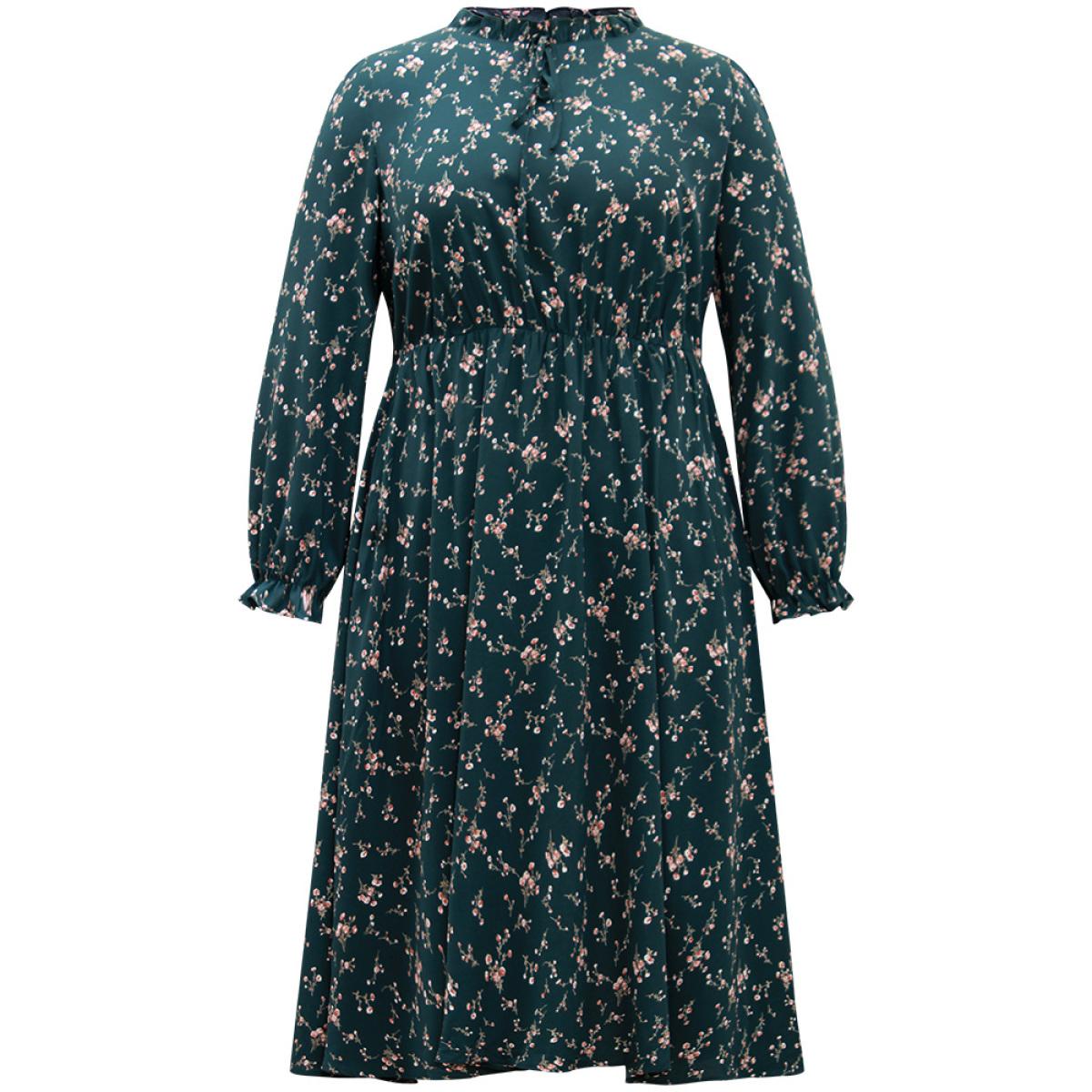 Plus Size Ditsy Floral Pocket Mock Neck Dress DarkGreen Women Elegant Cross straps Mock Neck Long Sleeve Curvy Midi Dress BloomChic 10/M Product Image