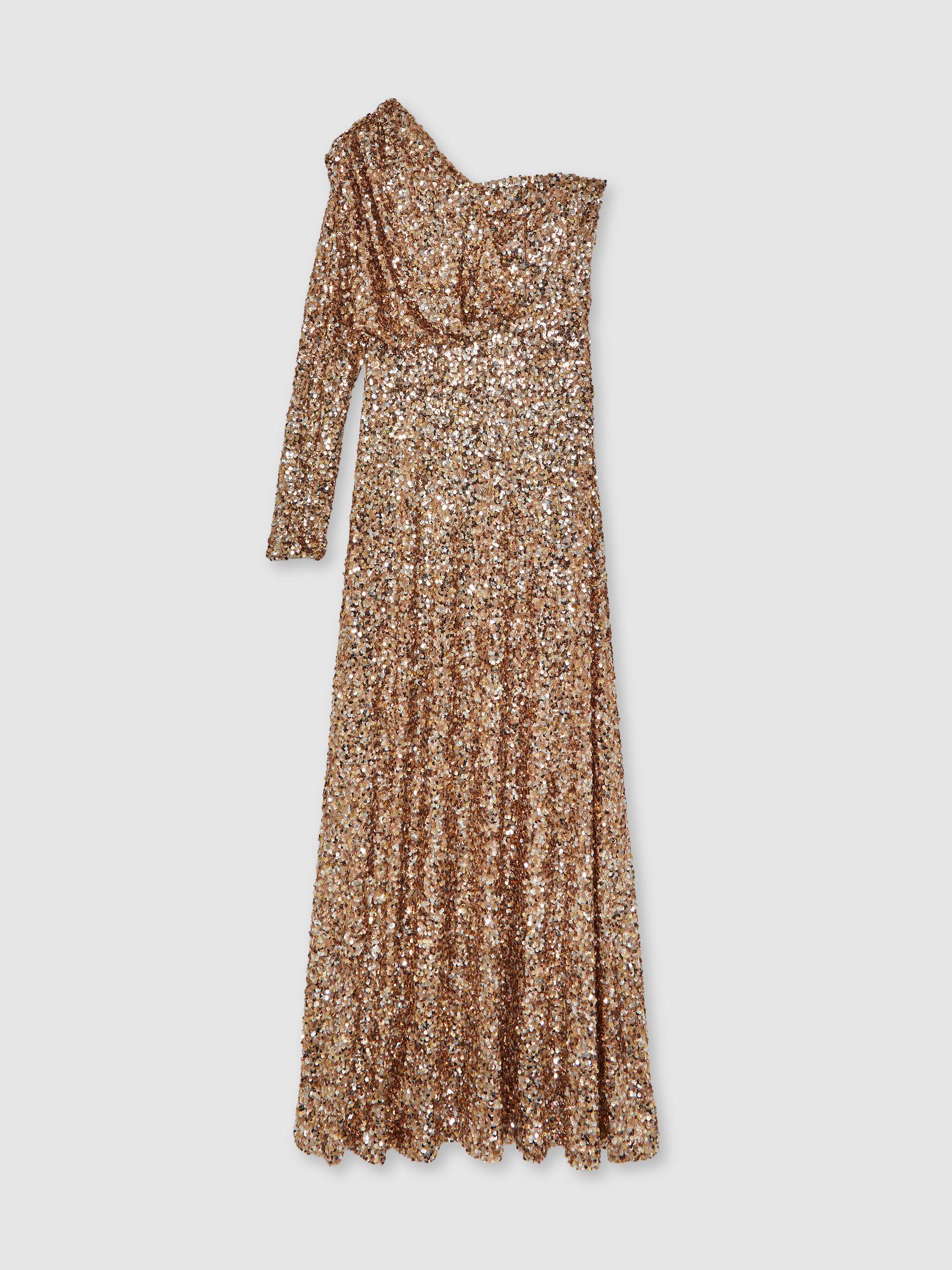 Halston Sequin One Shoulder Maxi Dress in Gold Product Image