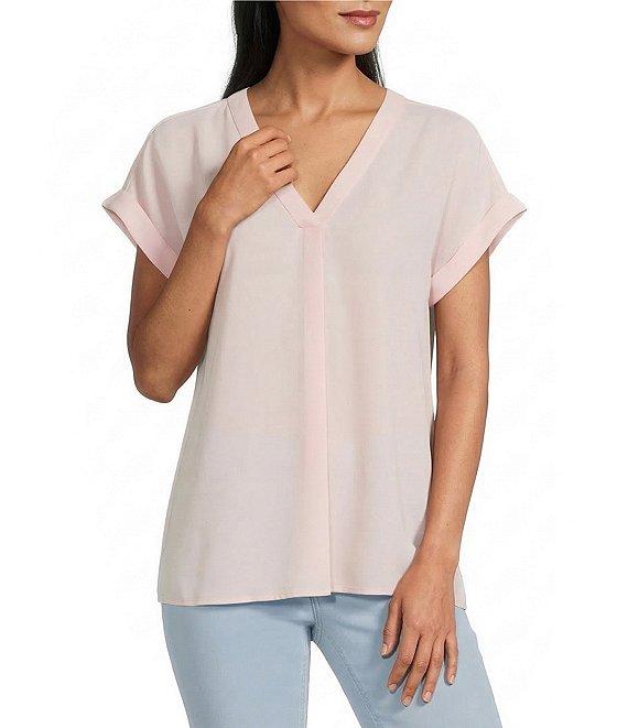 Jones New York Jasper Crepe V-Neck Extended Roll Cuff Short Sleeve Blouse Product Image