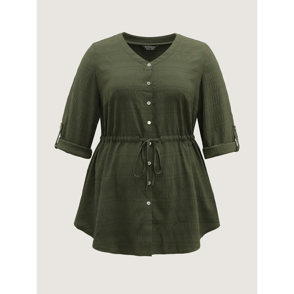 Plus Size ArmyGreen Textured Tab Sleeve Waist Drawstring Blouse Women Leisure Long Sleeve V-neck Casual Blouses BloomChic 10/M Product Image
