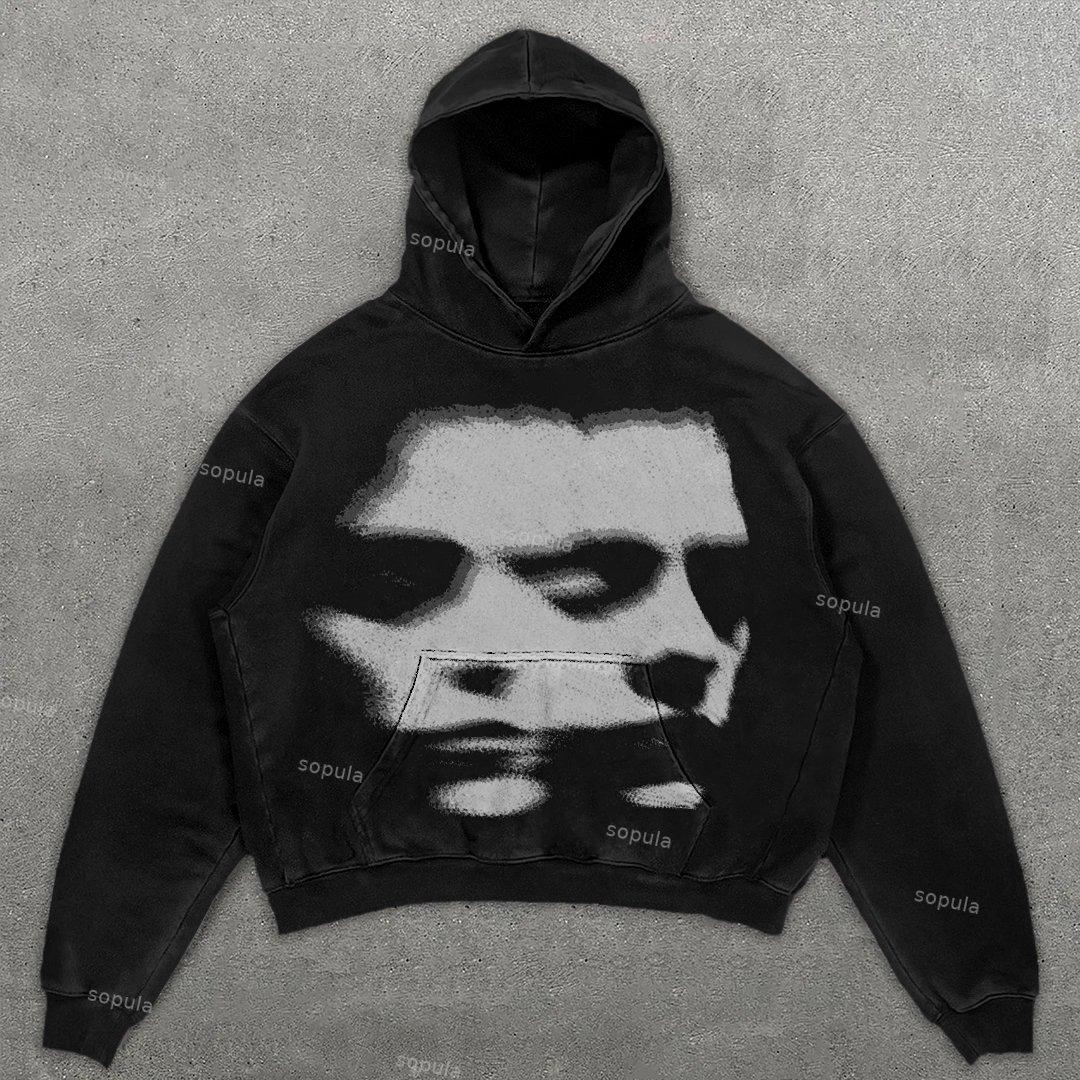 Relaxed Vintage Skull 8 Ball Graphic Gothic Hip Hop Casual Street Washed Hoodie Product Image