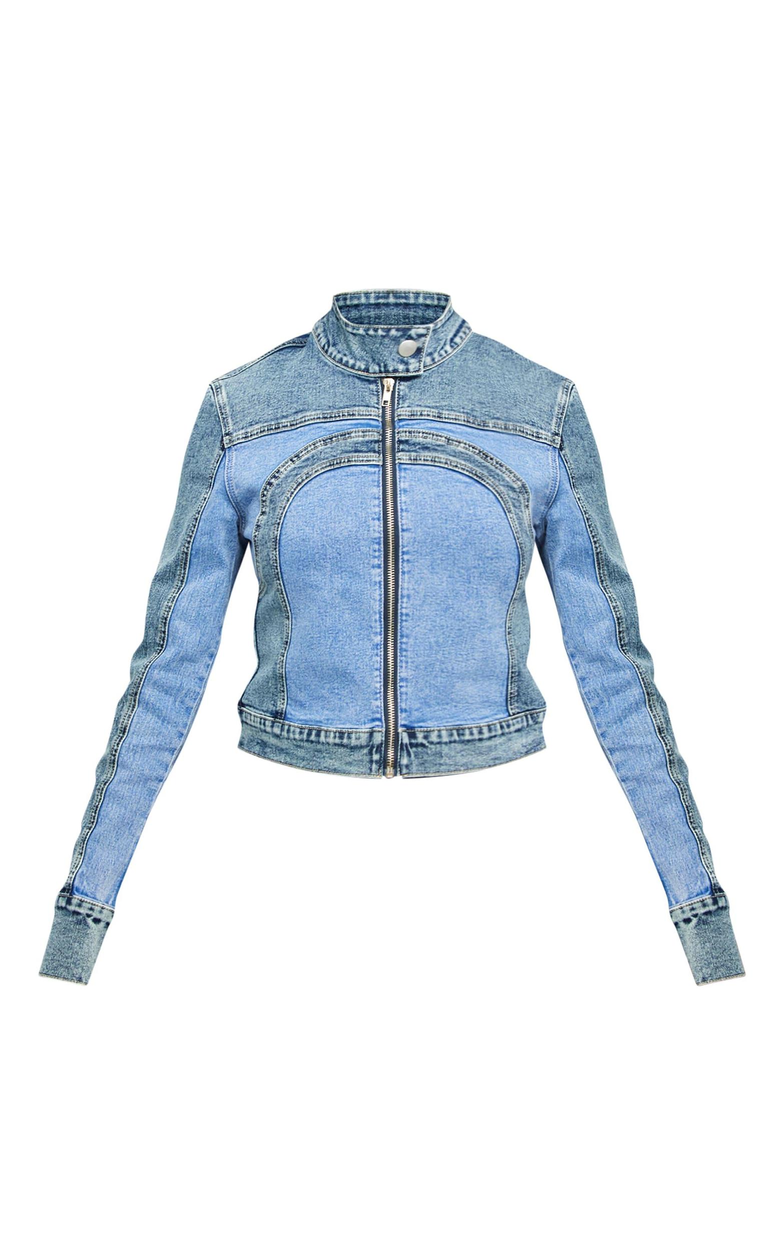 Blue Contrast Panel Racer Denim Jacket Product Image