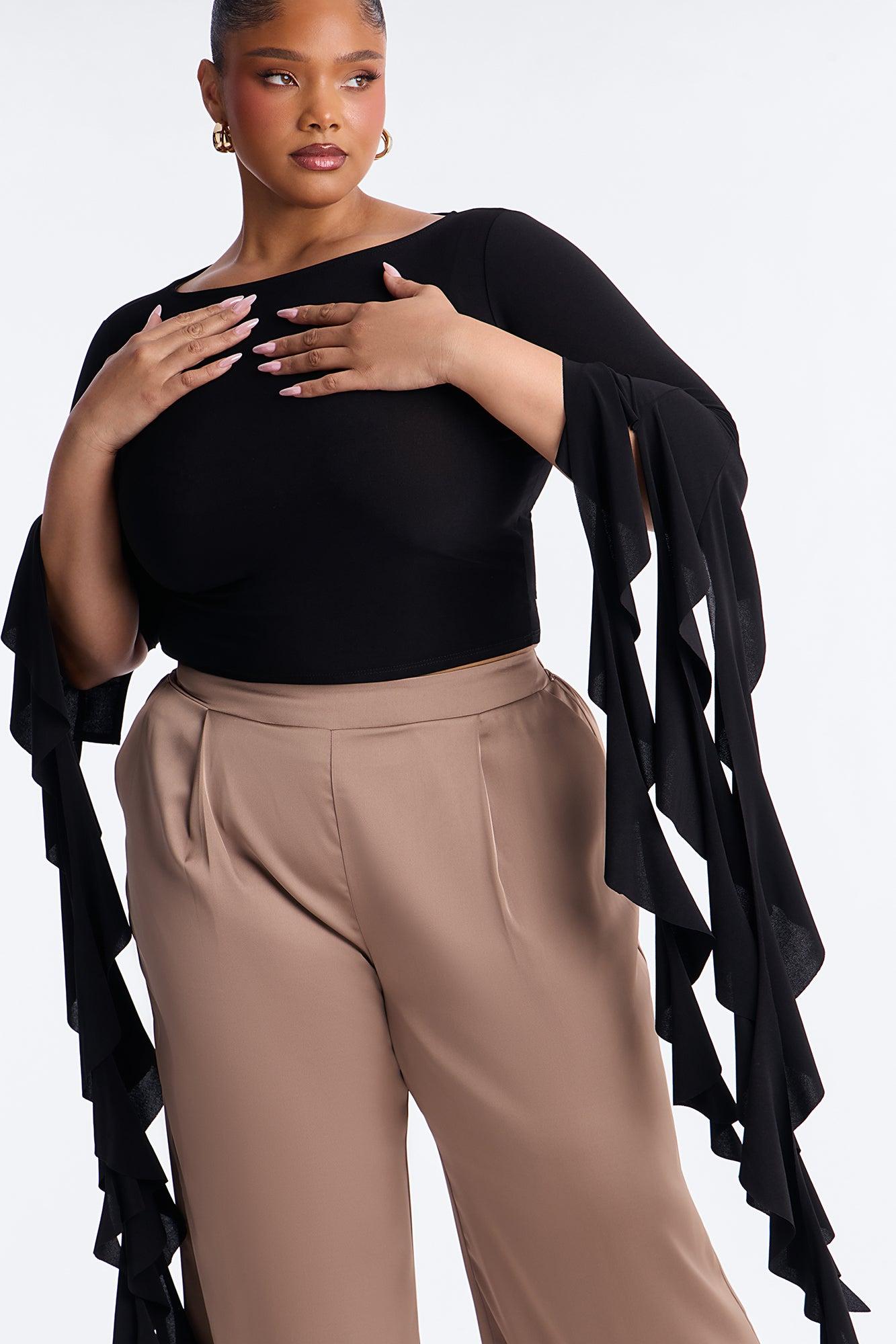 Isabella Boat Neck Ruffle Long Sleeve Top - Black Female Product Image
