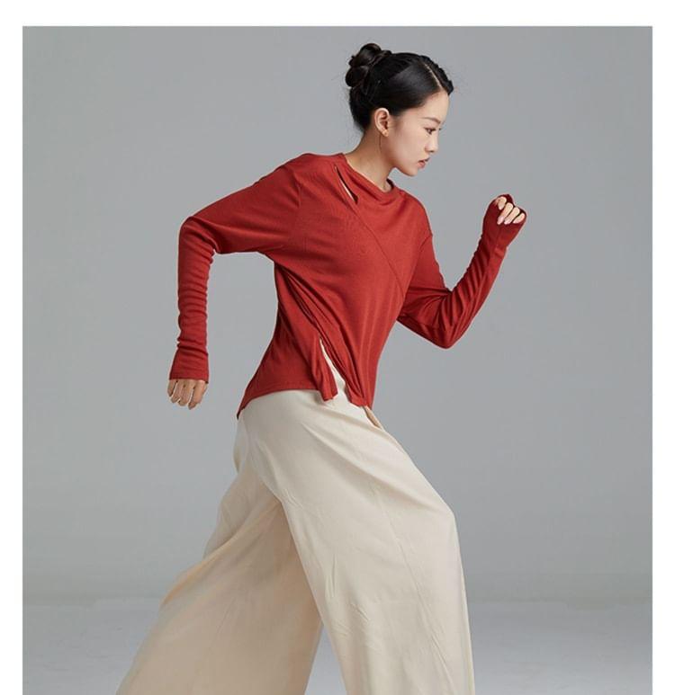 Long-Sleeve Crew Neck Plain Asymmetrical Dance Top Product Image