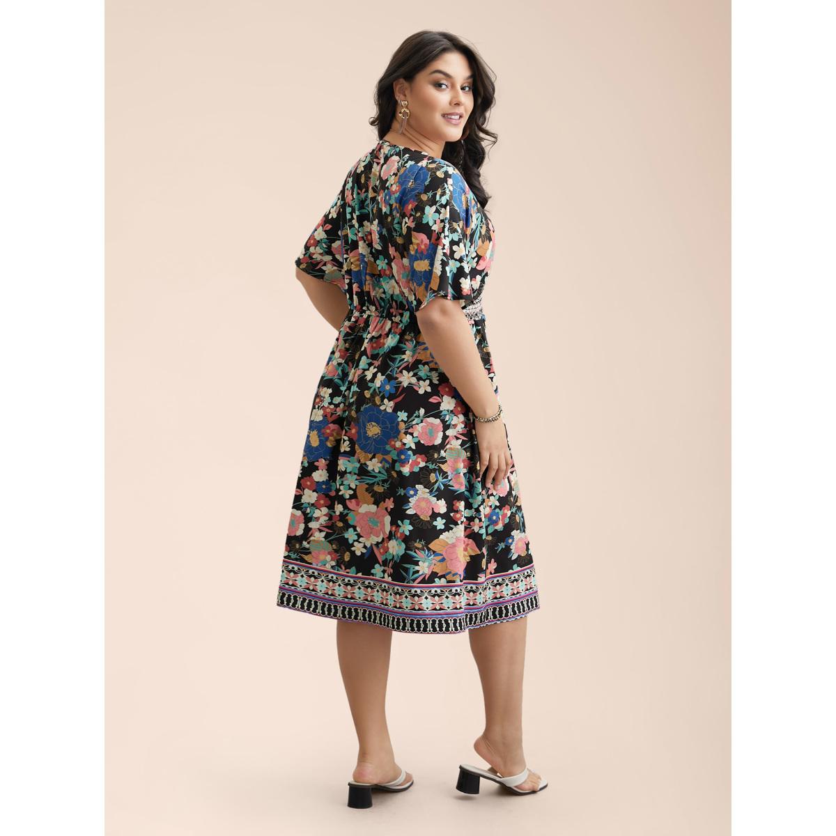Plus Size Boho Print Shirred V-Neck Flared Midi Dress Black Women Boho Shirred V-neck Elbow-length sleeve Curvy BloomChic 28/5X Product Image