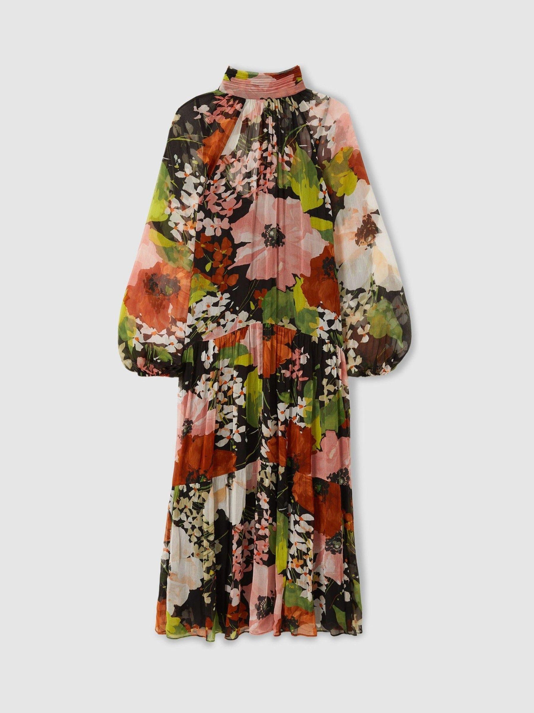 Florere Multi Tiered Tie Neck Midi Dress in Multi Product Image