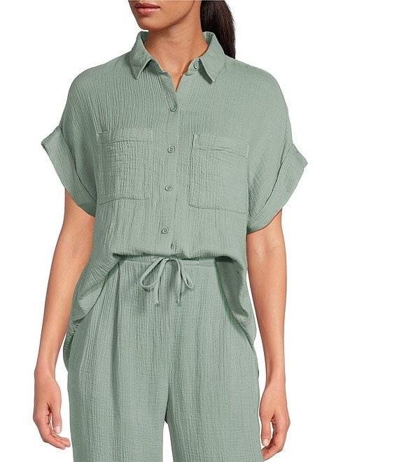 Cloth & Stone Woven Crinkle Point Collar Short Sleeve Button Front Blouse Product Image