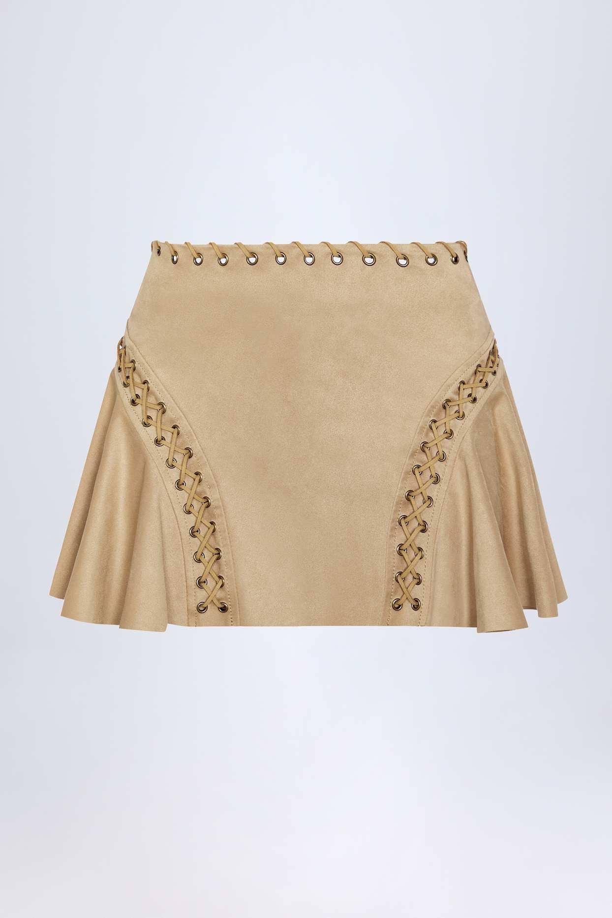 Lace-Up Mid-Rise Mini Skirt in Tan Product Image