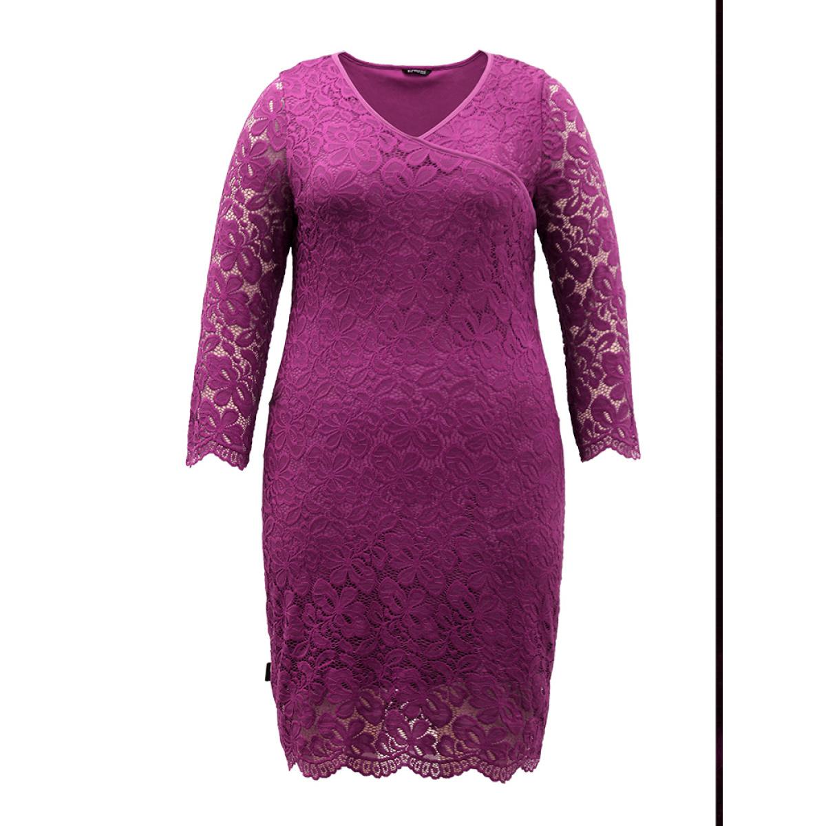 Plus Size Crochet Lace Mesh Scalloped Trim Dress Purple Women Glamour Plain V-neck Long Sleeve Curvy Knee Dress BloomChic 26/4X Product Image
