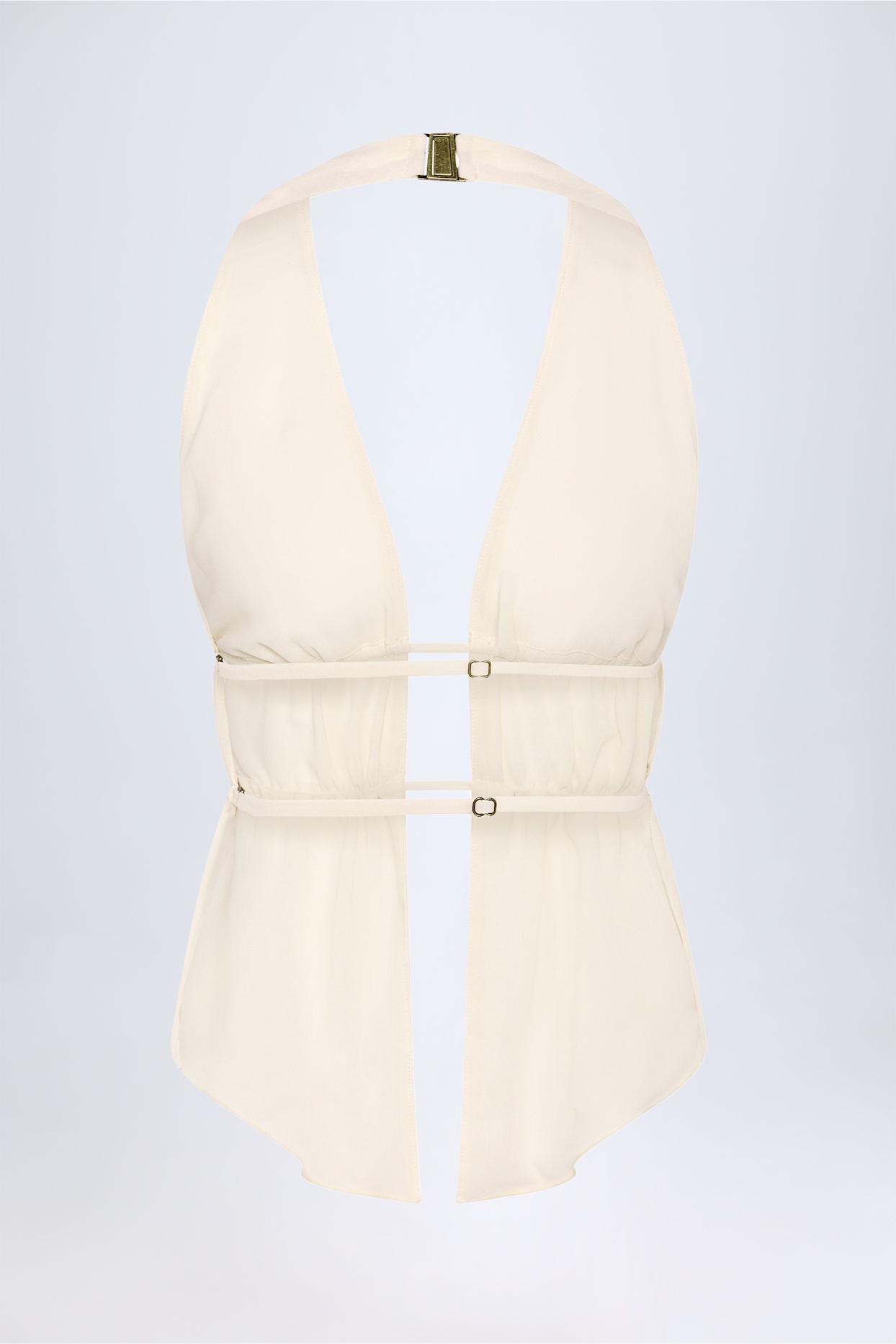 Cut-Out Semi-Sheer Ruched Halterneck Crop Top in Ivory Product Image