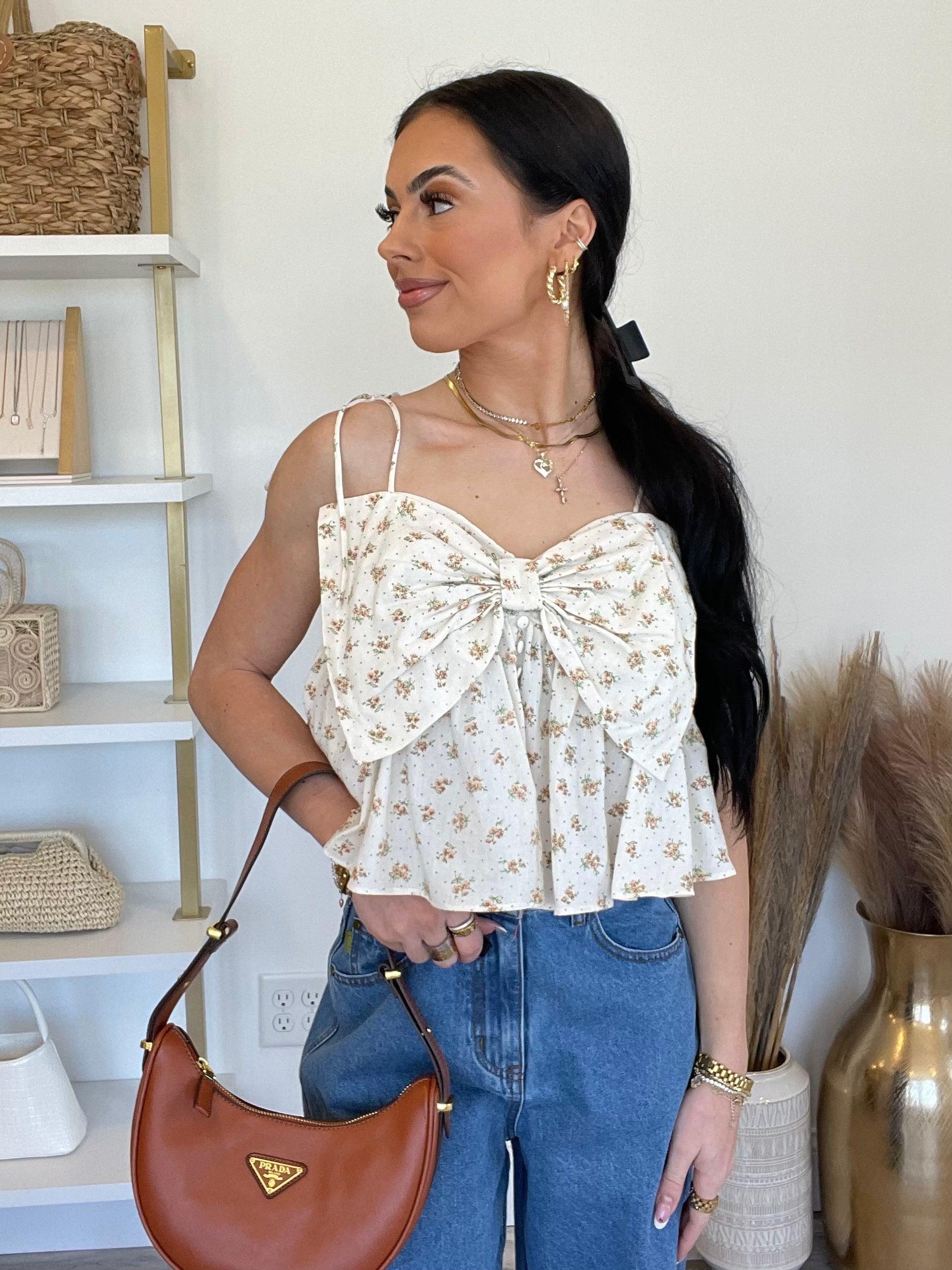 Bonjour Floral Bow Top | Cream Floral Product Image