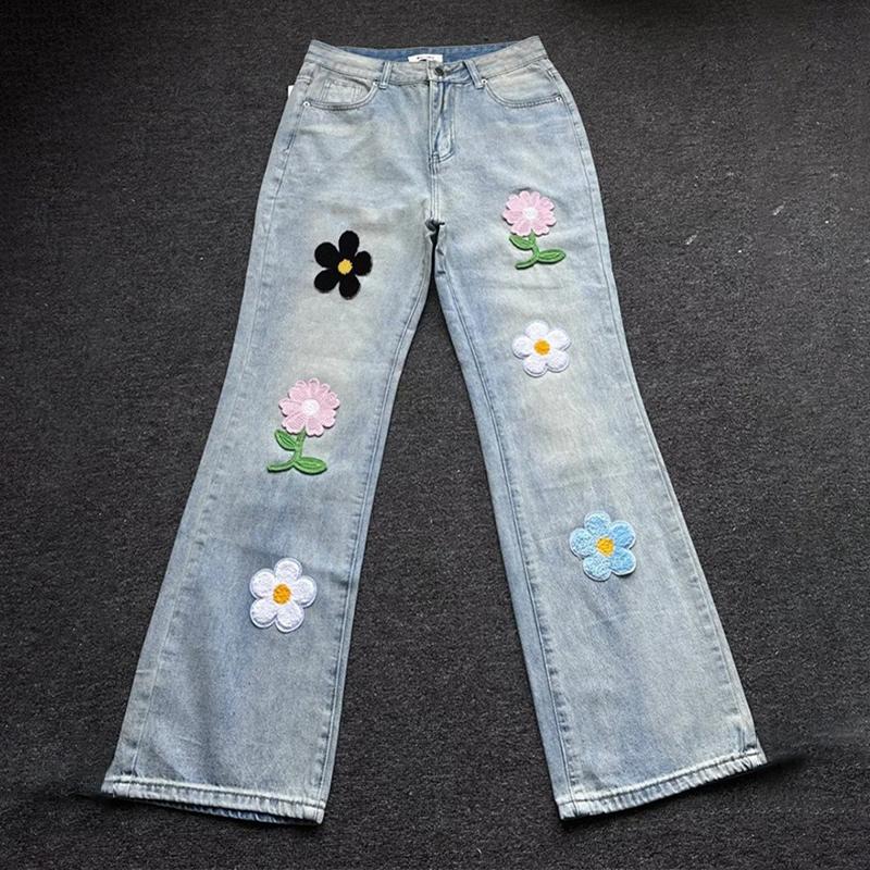 Sopula Hiphop Street Flower Embroidered Straight Jeans Product Image