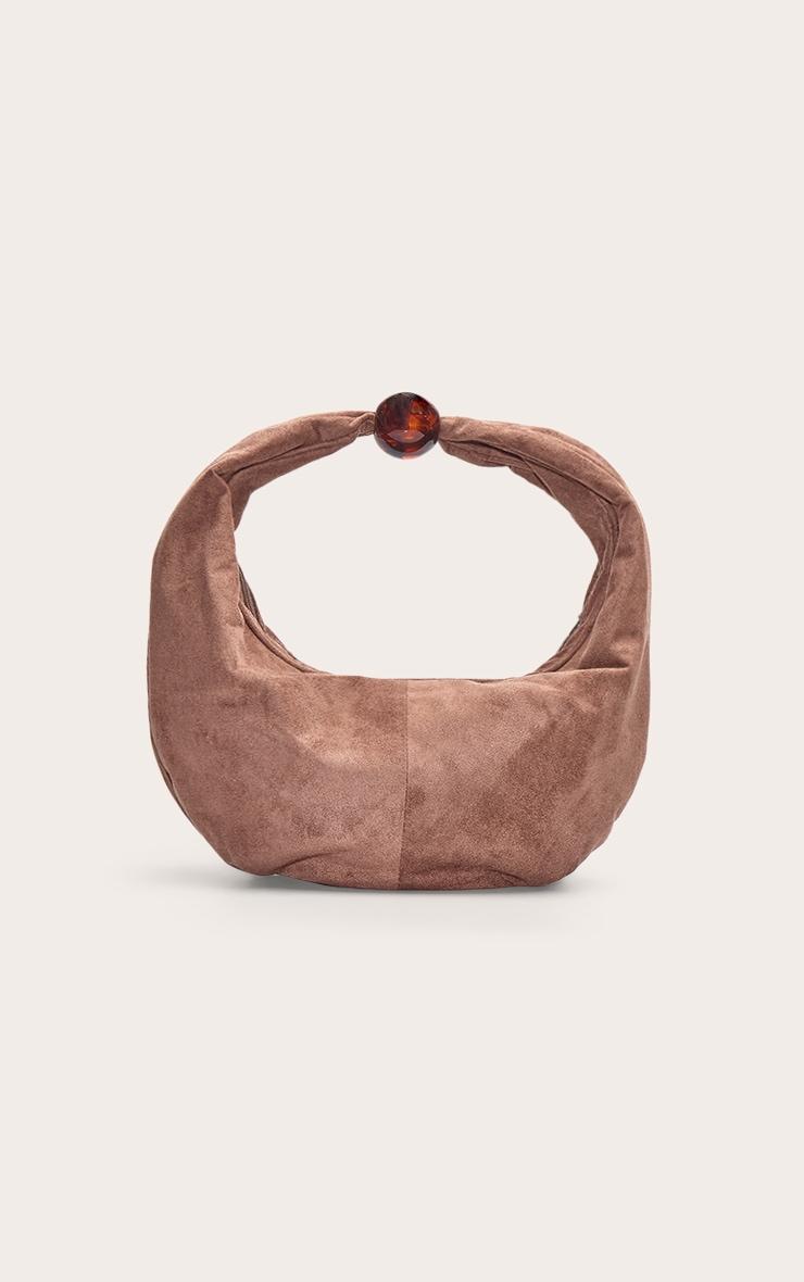 Mocha Faux Suede Bead Handle Shoulder Bag Product Image