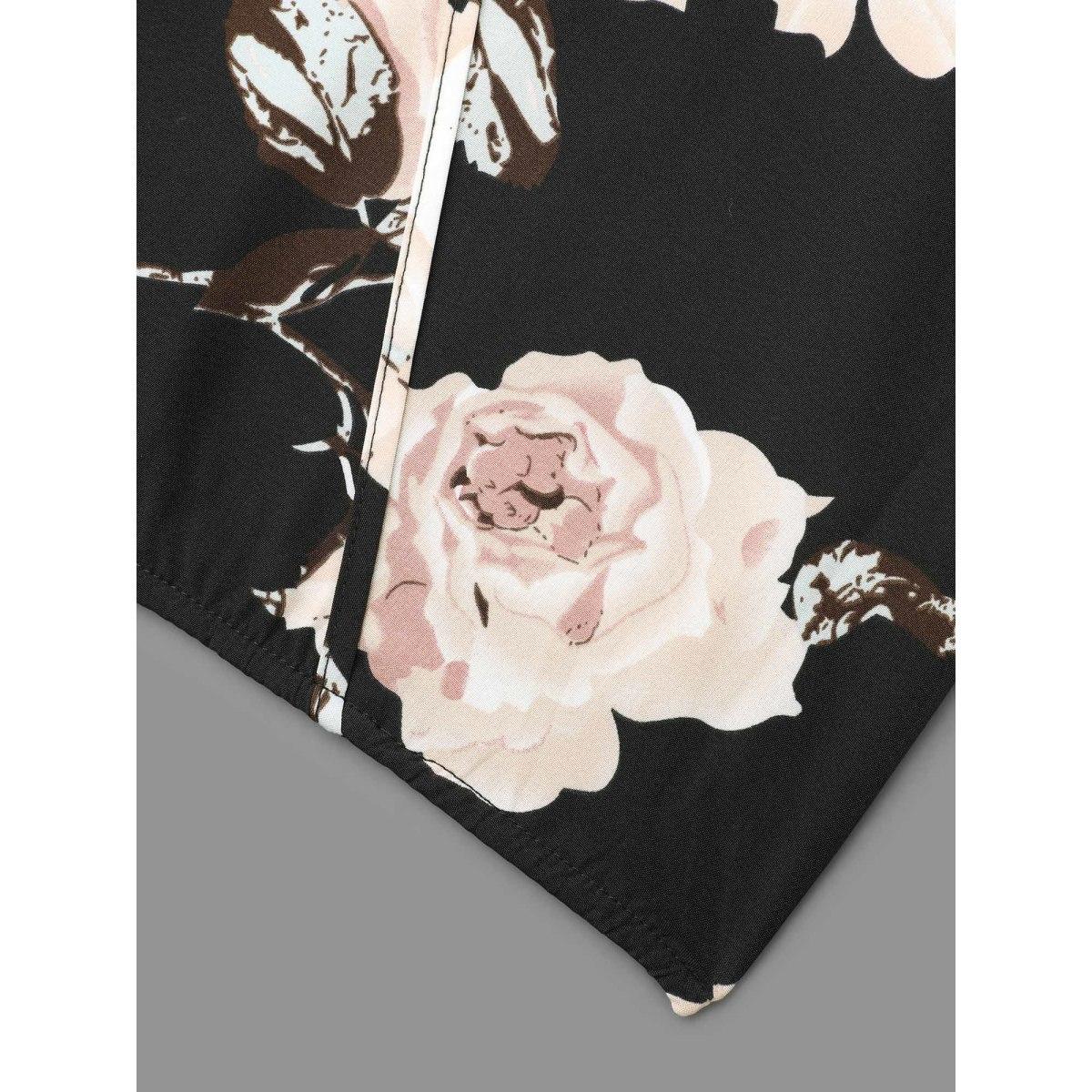 Plus Size Black Overlap Collar Floral Print Blouse Women Elegant Elbow-length sleeve Overlap Collar Everyday Blouses BloomChic 30/6X Product Image