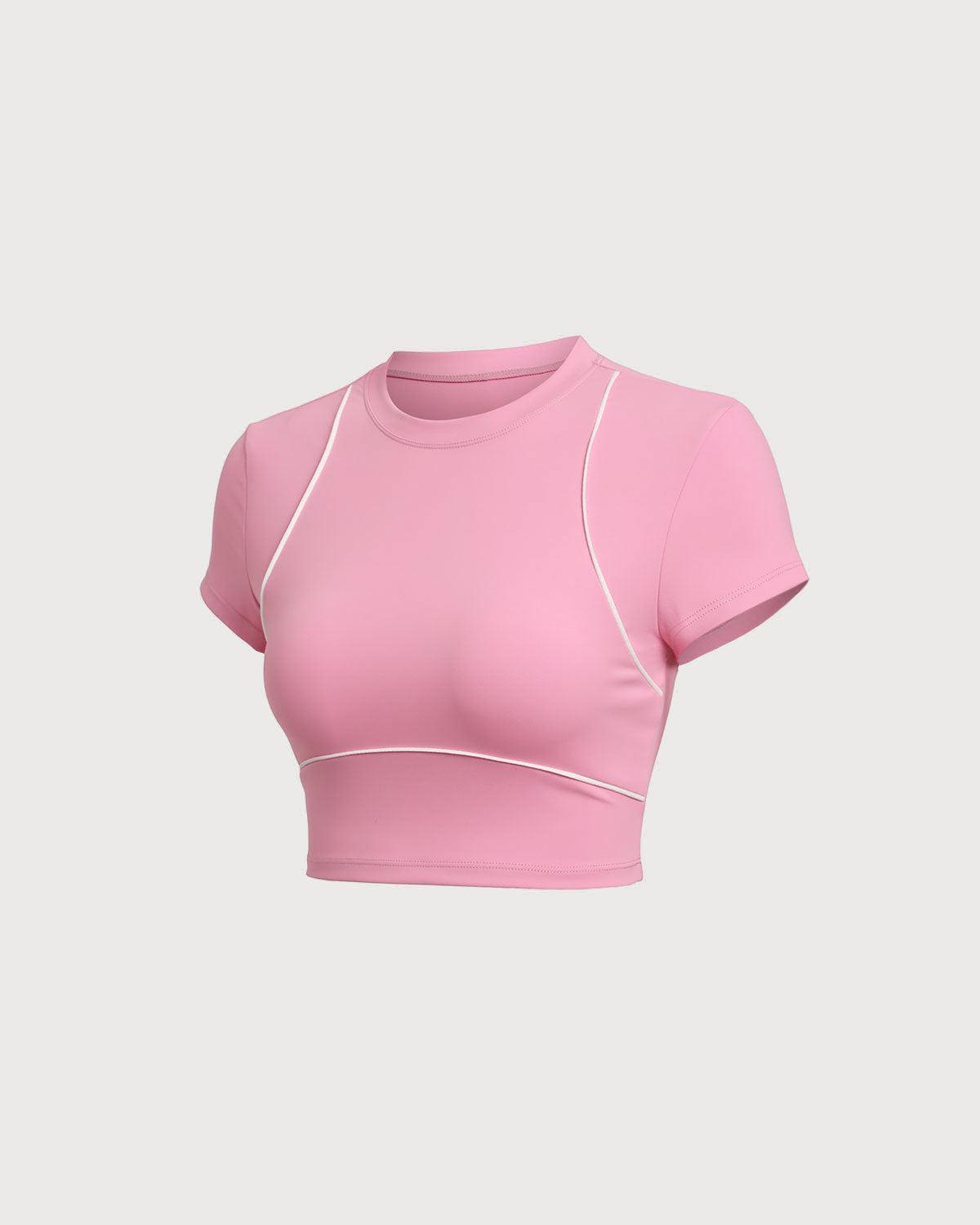 Pink Round Neck Yoga Short Sleeve Top - Light Support Product Image