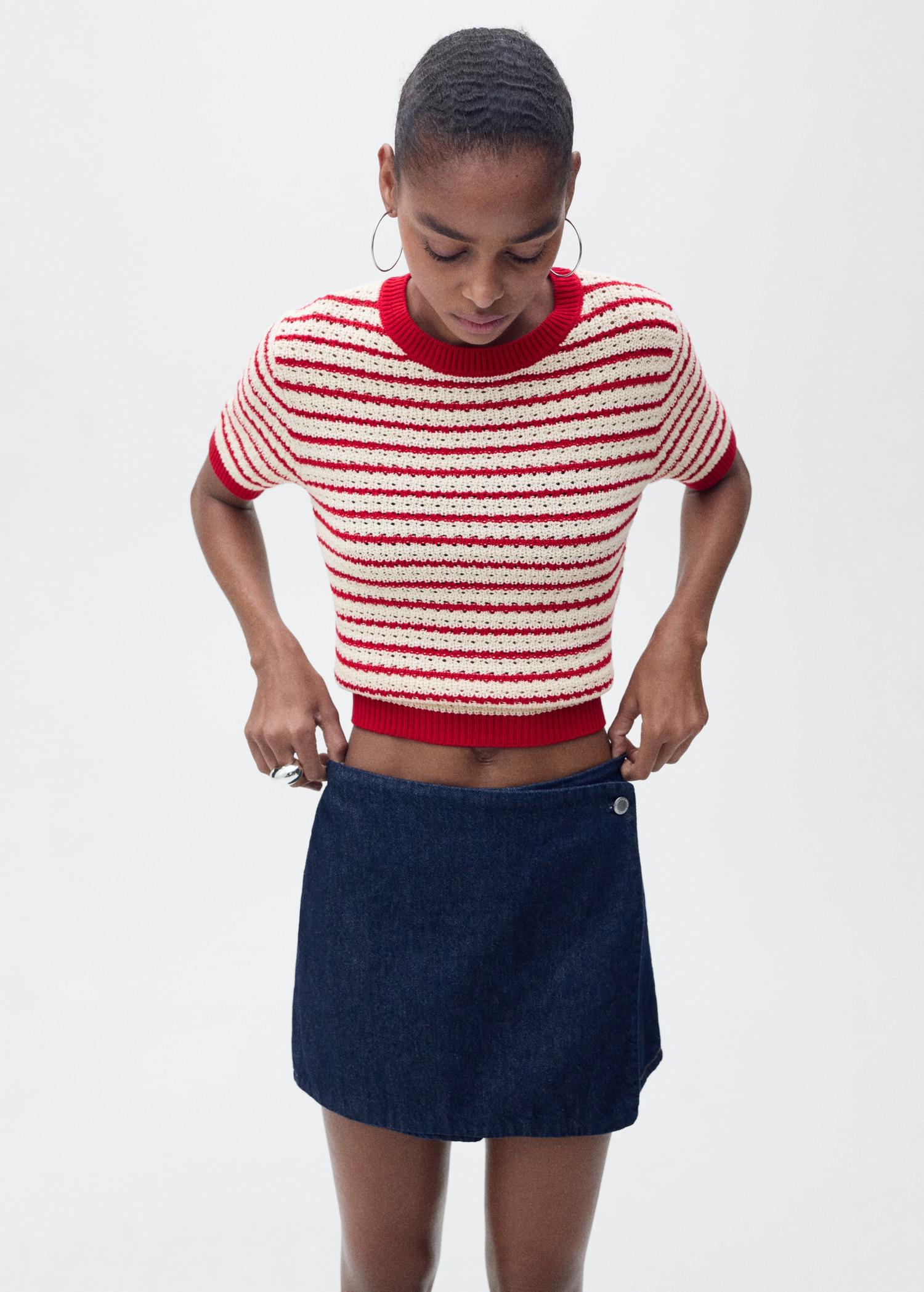 Striped short-sleeved crochet sweater - Women | MANGO USA Product Image