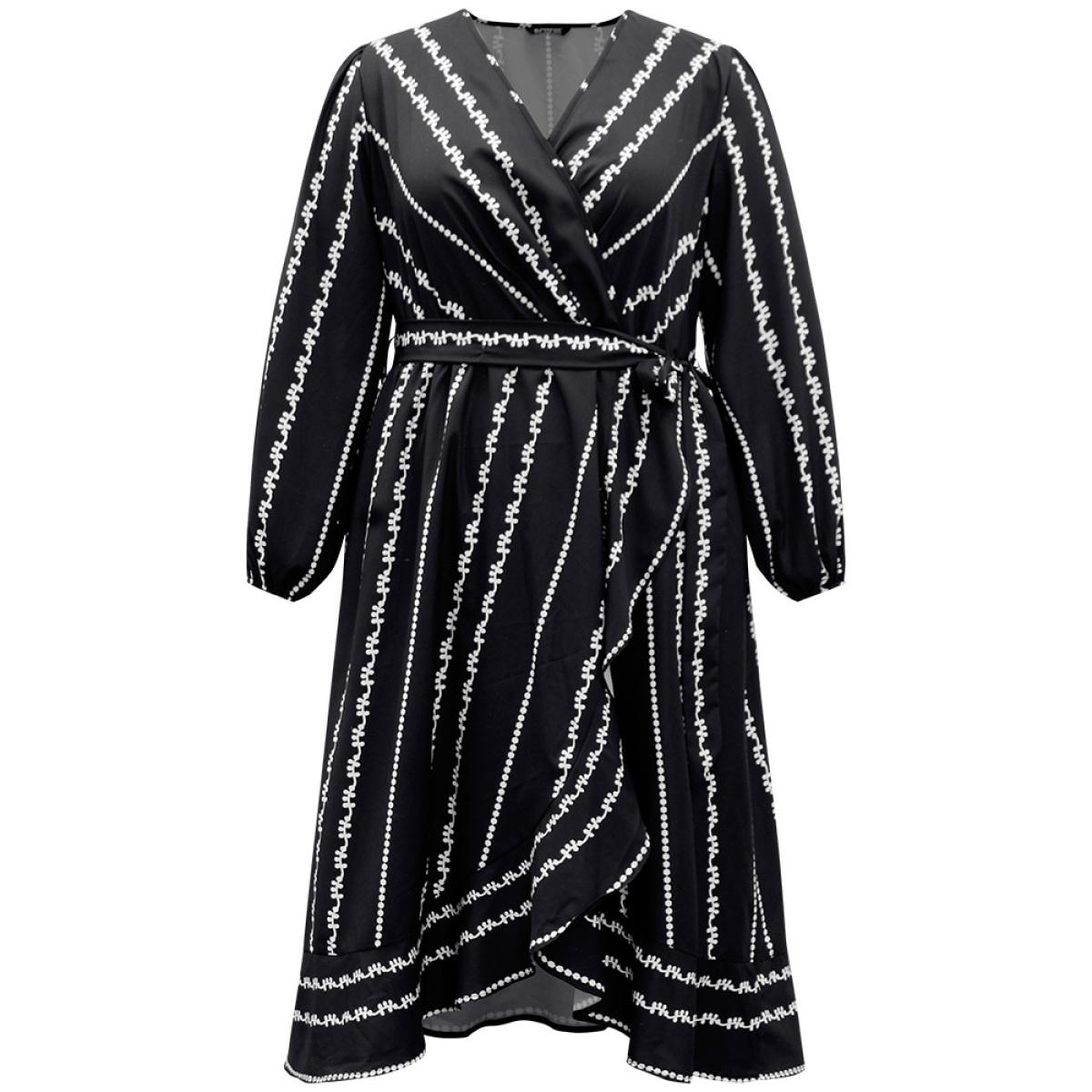 Plus Size Boho Print Striped Belted Wrap Pocket Dress Black Women Vacation Belted V-neck Long Sleeve Curvy Midi Dress BloomChic 26/4X Product Image