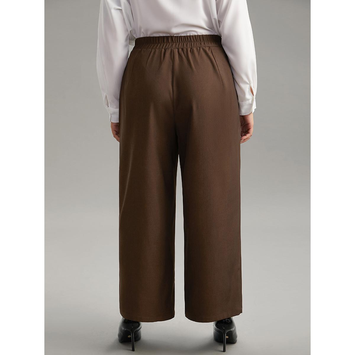 Plus Size Solid Elastic Waist Plicated Detail Straight Leg Pants Women DarkBrown Office Straight Leg High Rise Office Pants BloomChic 10/M Product Image