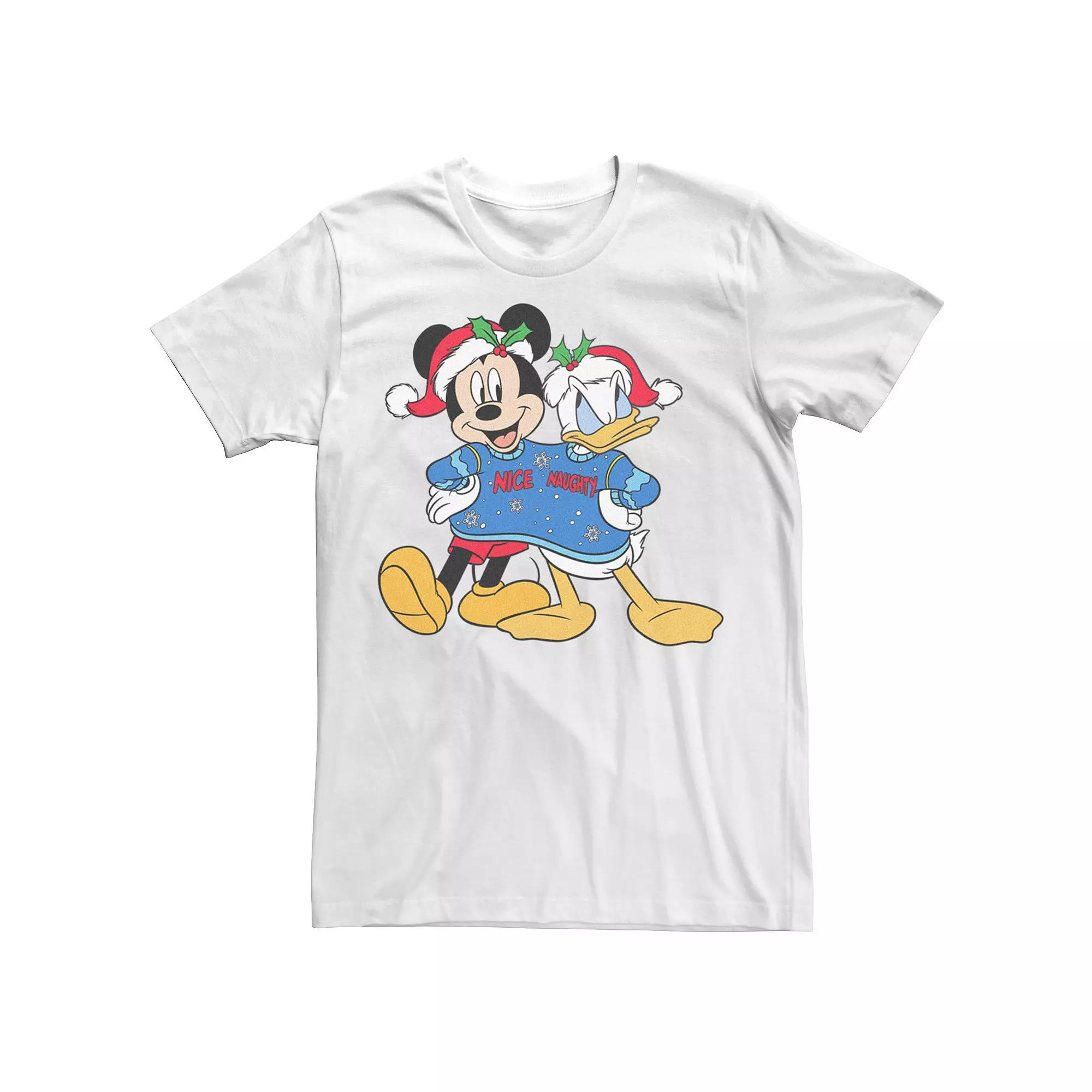 Men's Mickey Mouse And Donald Nice And Naughty Christmas Sweater Graphic Tee,  Product Image