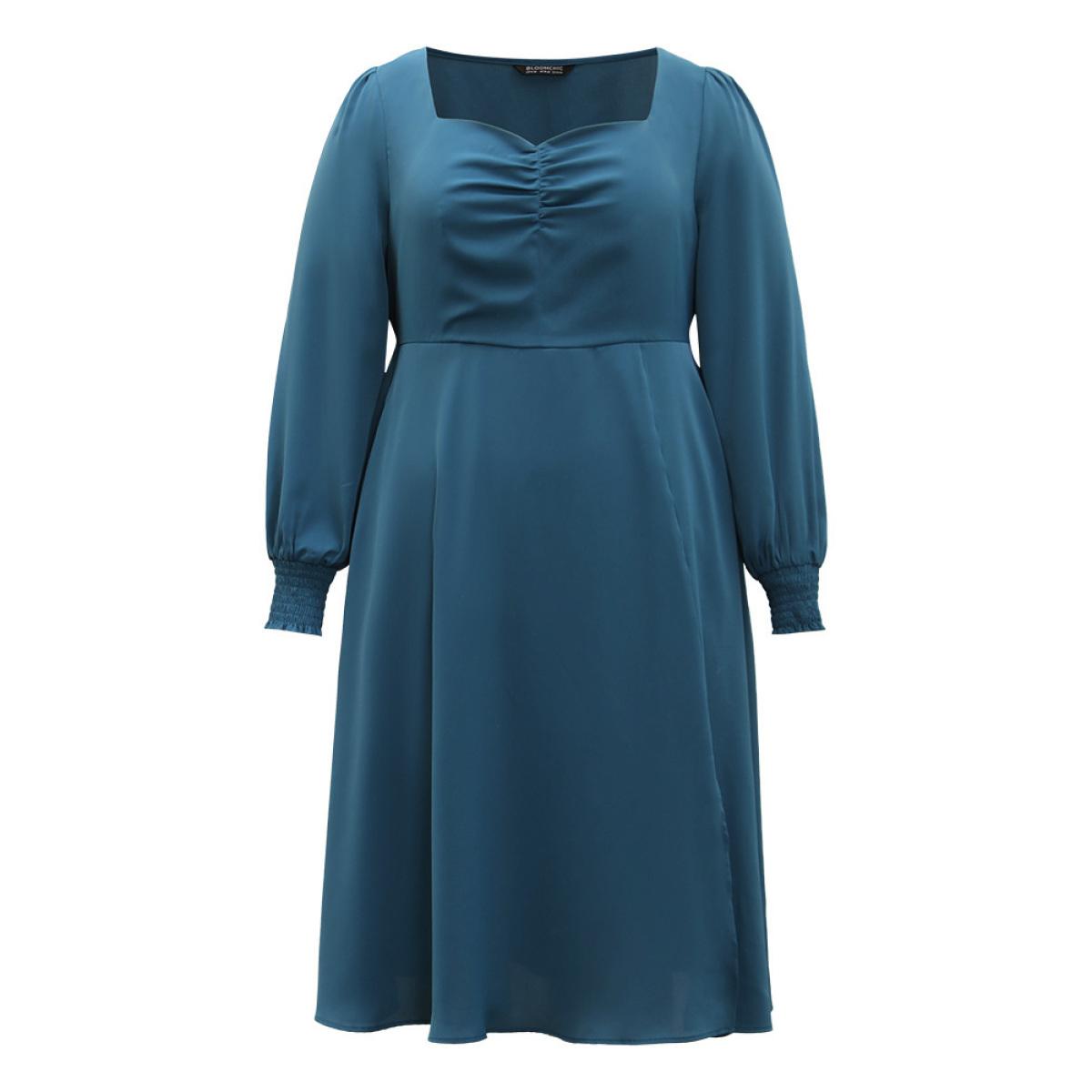 Plus Size Plain Shirred Ruched Split Side Dress Aegean Women Elegant Plain Square Neck Long Sleeve Curvy Midi Dress BloomChic 14-16/1X Product Image