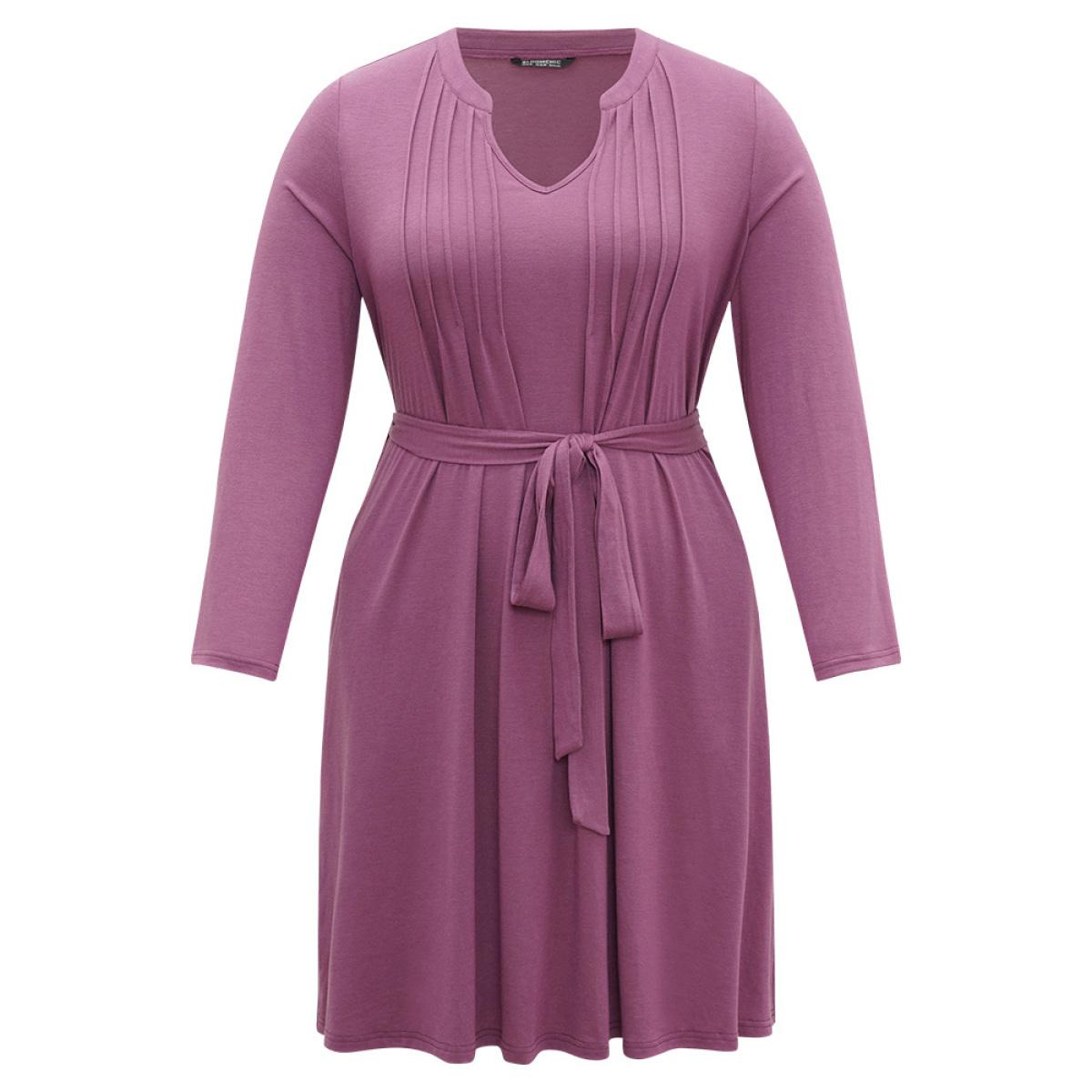 Plus Size Solid Notched Pocket Pleated Belted Dress Purple Women Casual Plain Notched collar Long Sleeve Curvy Midi Dress BloomChic 22-24/3X Product Image