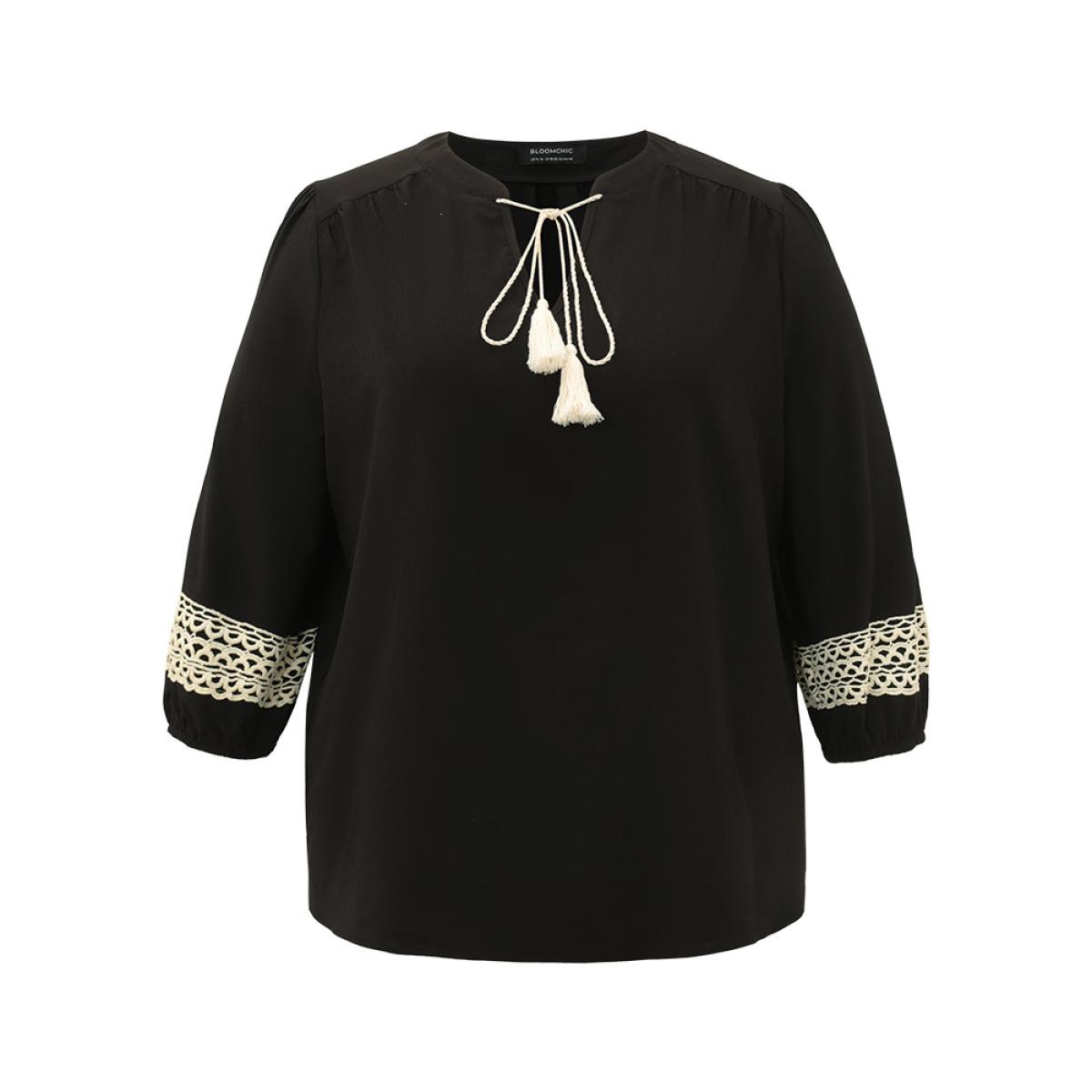 Plus Size Black Patchwork Tassel Trim Knot Lantern Sleeve Blouse Women Vacation Long Sleeve V-neck Dailywear Blouses BloomChic 14-16/1X Product Image