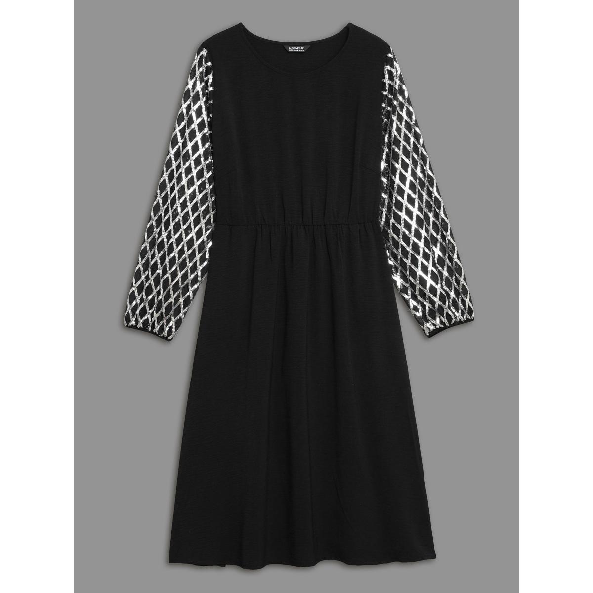Plus Size Texture Sequin Mesh Patchwork Belted Dress Black Women Party&Cocktail Texture Round Neck Long Sleeve Curvy BloomChic 14-16/1X Product Image