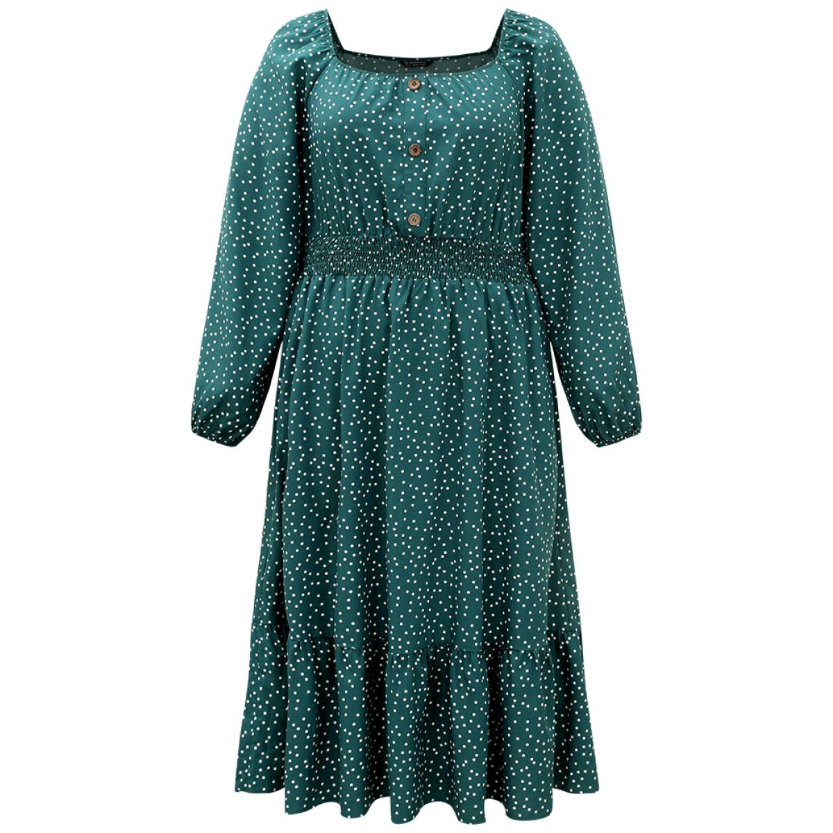 Plus Size Polka Dot Square Neck Shirred Button Detail Dress Teal Women Elegant Elastic cuffs Square Neck Long Sleeve Curvy Midi Dress BloomChic 30/6X Product Image