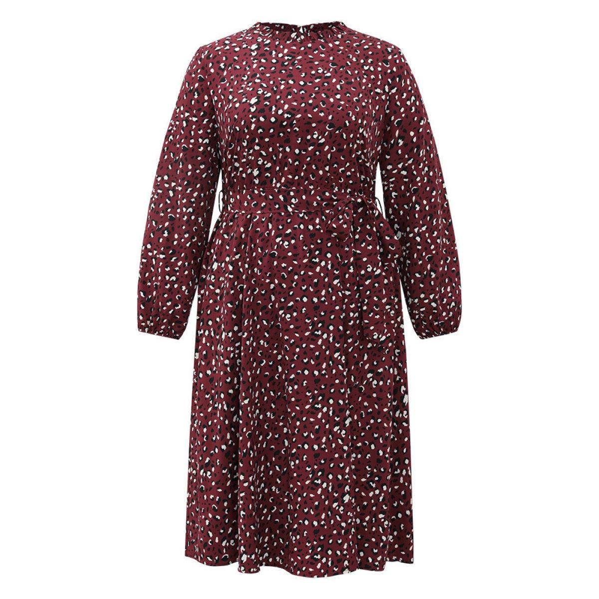 Plus Size Allover Print Elastic Cuffs Frill Trim Belted Dress Burgundy Women Elegant Elastic cuffs Mock Neck Long Sleeve Curvy Midi Dress BloomChic 12/L Product Image