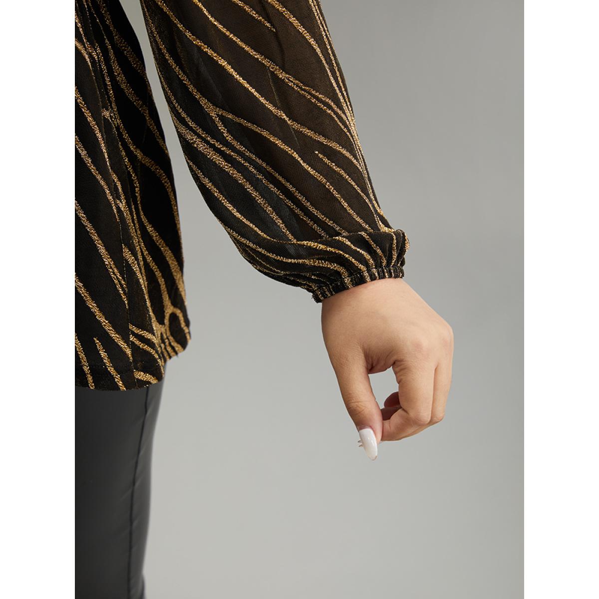 Plus Size Gold Glitter Striped Mesh Keyhole Lantern Sleeve Blouse Women Cocktail Long Sleeve Keyhole Cut-Out Party Blouses BloomChic 12/L Product Image