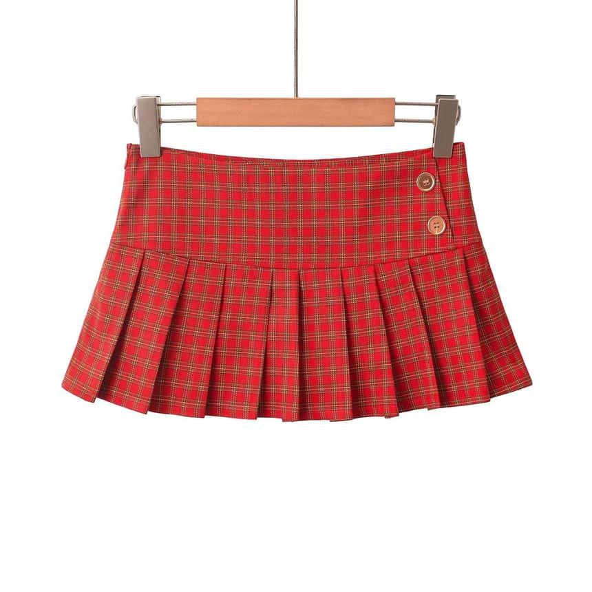 Low Waist Plaid Mini A-Line Pleated Skirt Product Image