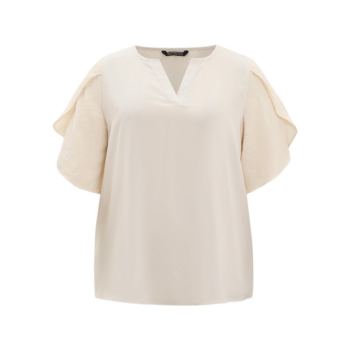 Plus Size Ivory Anti-Wrinkle Solid Patchwork Petal Sleeve Notched Blouse Women Office Half Sleeve Notched collar Work Blouses BloomChic 18-20/2X Product Image