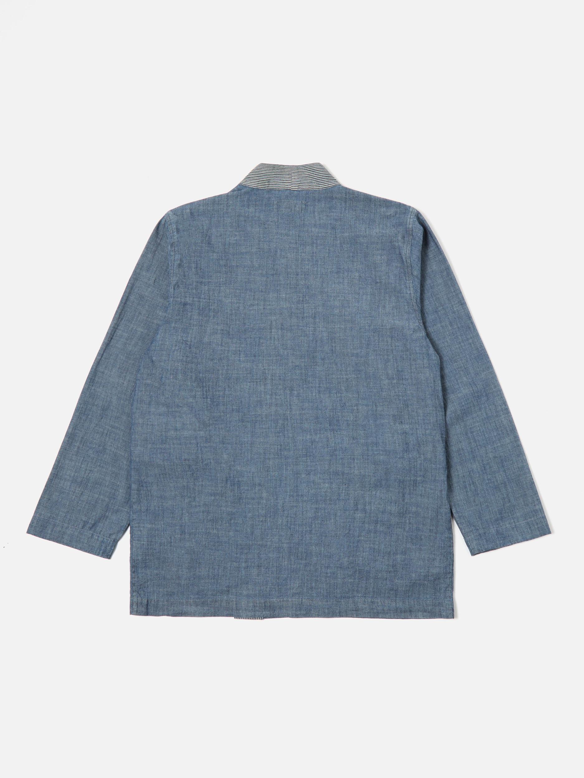 Universal Works Patched Kyoto Work Jacket in Indigo Chambray/Hickory Stripe Denim Product Image