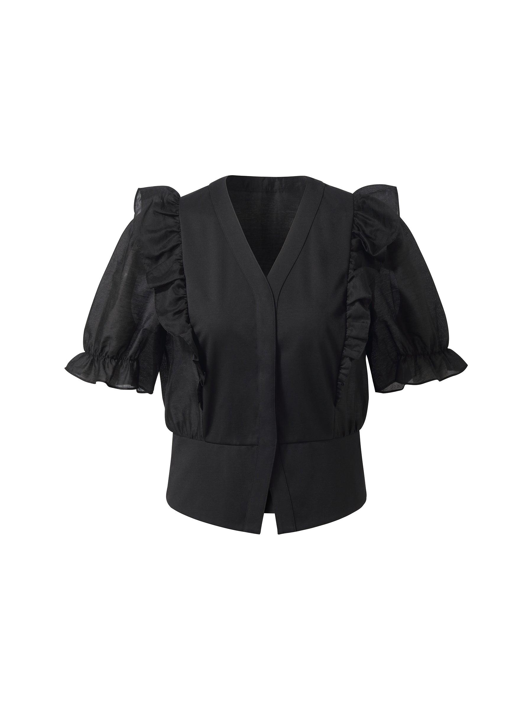 Tencel Blend Puff Sleeve Women Ruffe Patchwork Top Product Image