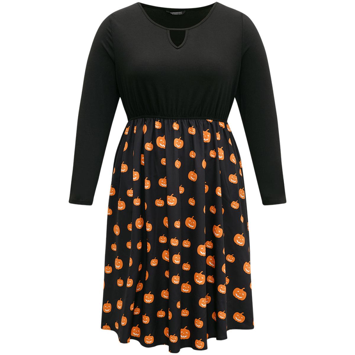 Plus Size Halloween Pumpkin Print Patchwork Keyhole Pocket Dress Black Women Office Printed Keyhole Cut-Out Long Sleeve Curvy Midi Dress BloomChic 10/M Product Image