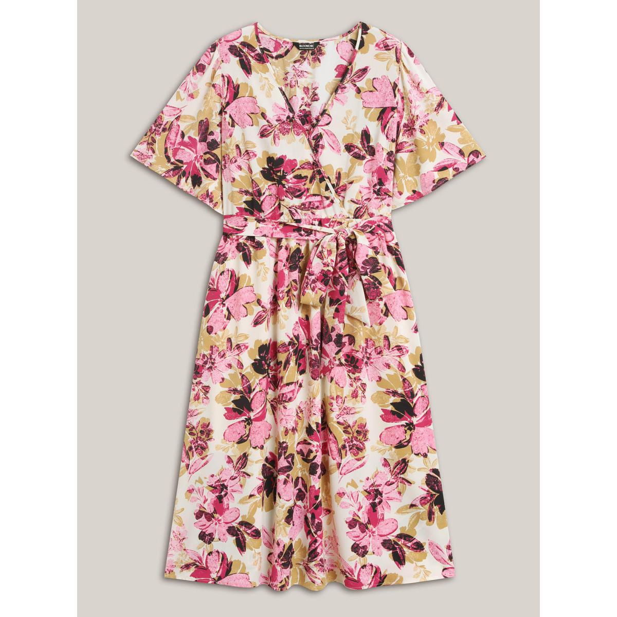 Plus Size Floral Pattern Pockets Surplice Midi Dress Rosered Women Overlap Collar Half Sleeve Curvy BloomChic 14-16/1X Product Image