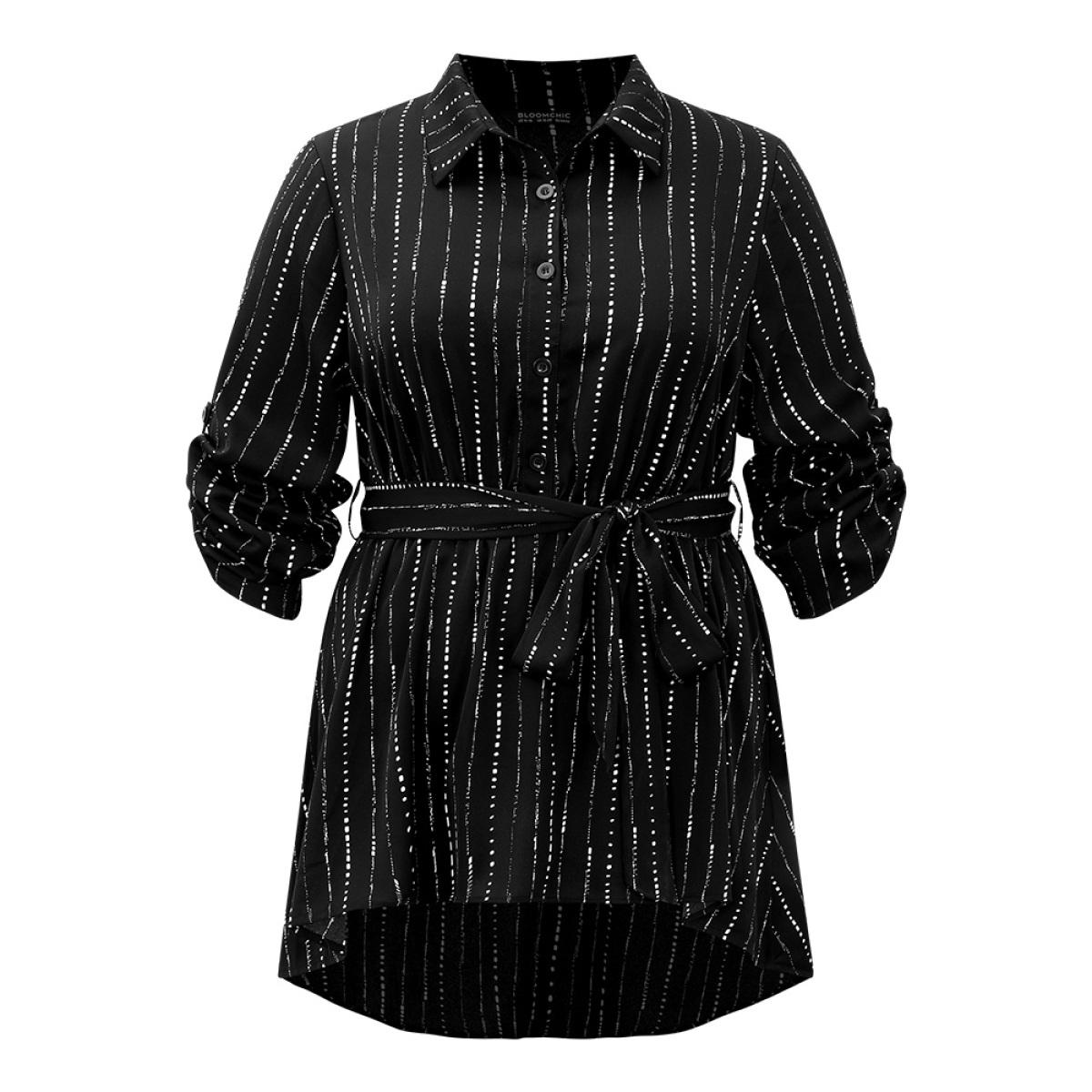 Plus Size Black Striped Belted Shirt Collar Asymmetrical Hem Blouse Women Office Long Sleeve Shirt collar Office Blouses BloomChic 18-20/2X Product Image