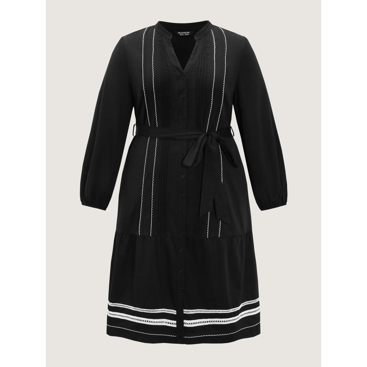 Plus Size Button Front Belted Stitch Detail Midi Dress Black Women Leisure Tucked seam Shirt collar Long Sleeve Curvy BloomChic 10/M Product Image