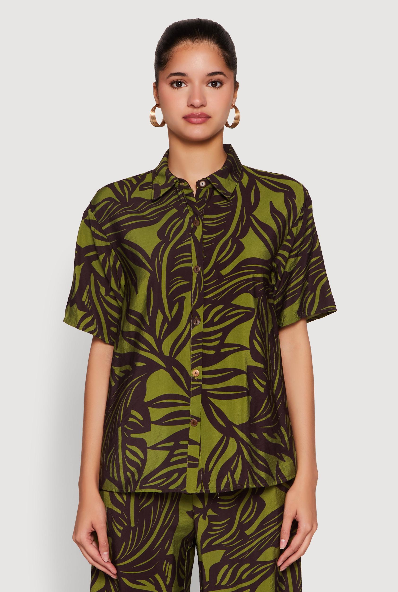 Womens Palm Leaf Print Button Front Shirt Product Image