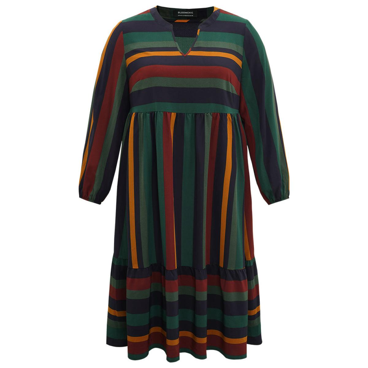 Plus Size Rainbow Striped Notched Patchwork Dress Multicolor Women Office Elastic cuffs Notched collar Long Sleeve Curvy Midi Dress BloomChic 30/6X Product Image