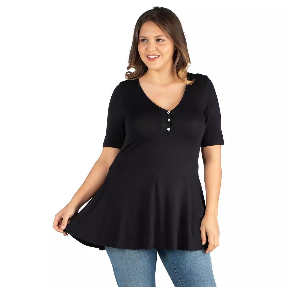 Plus Size 24Seven Comfort Short Sleeve Henley Tunic Top, Women's, Size: 3XL, Black Product Image