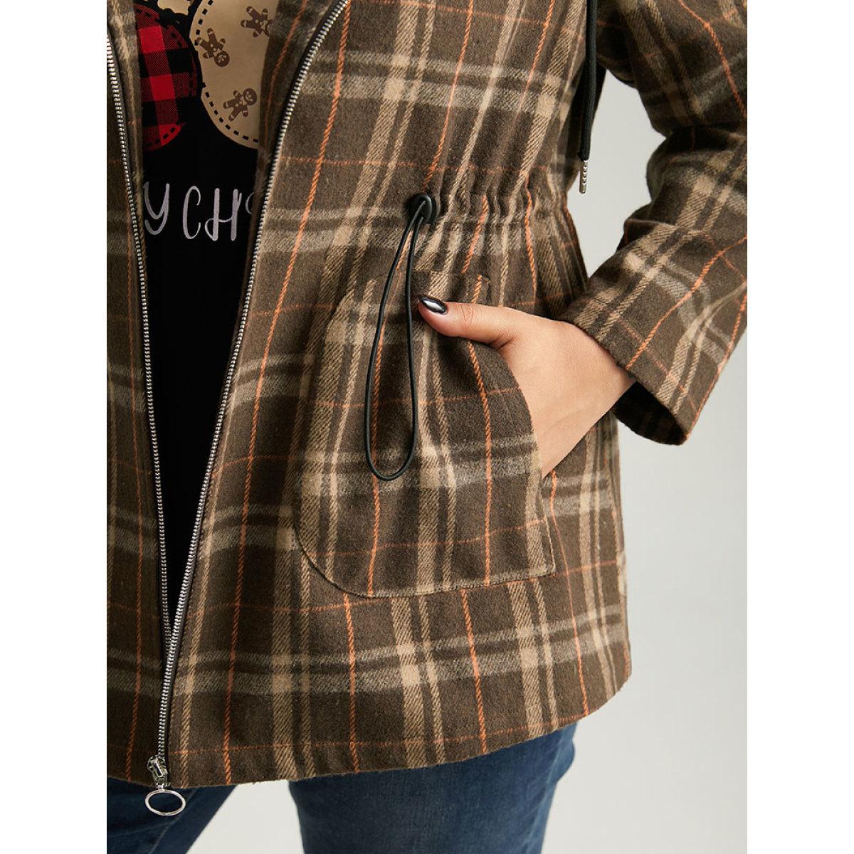 Plus Size Plaid Drawstring Slant Pocket Coat Women DarkBrown Casual Contrast Ladies Dailywear Winter Coats BloomChic 18-20/2X Product Image