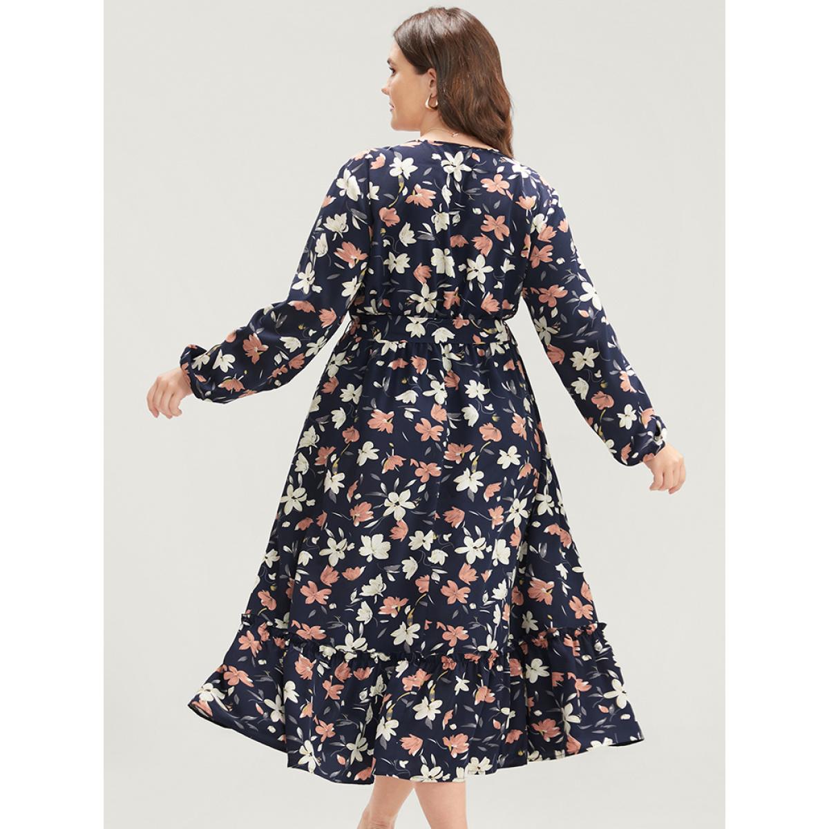 Plus Size Floral Printed Lantern Sleeve Pocket Belted Surplice Neck Dress DarkBlue Women Elegant Pocket V-neck Long Sleeve Curvy Midi Dress BloomChic 30/6X Product Image