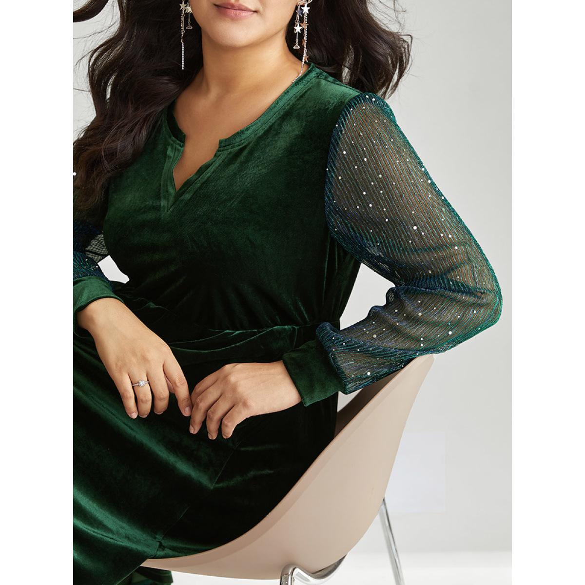 Plus Size Velvet Sequin Patchwork Elastic Waist Notched Dress DarkGreen Women Glamour Velvet Notched collar Long Sleeve Curvy Midi Dress BloomChic 10/M Product Image