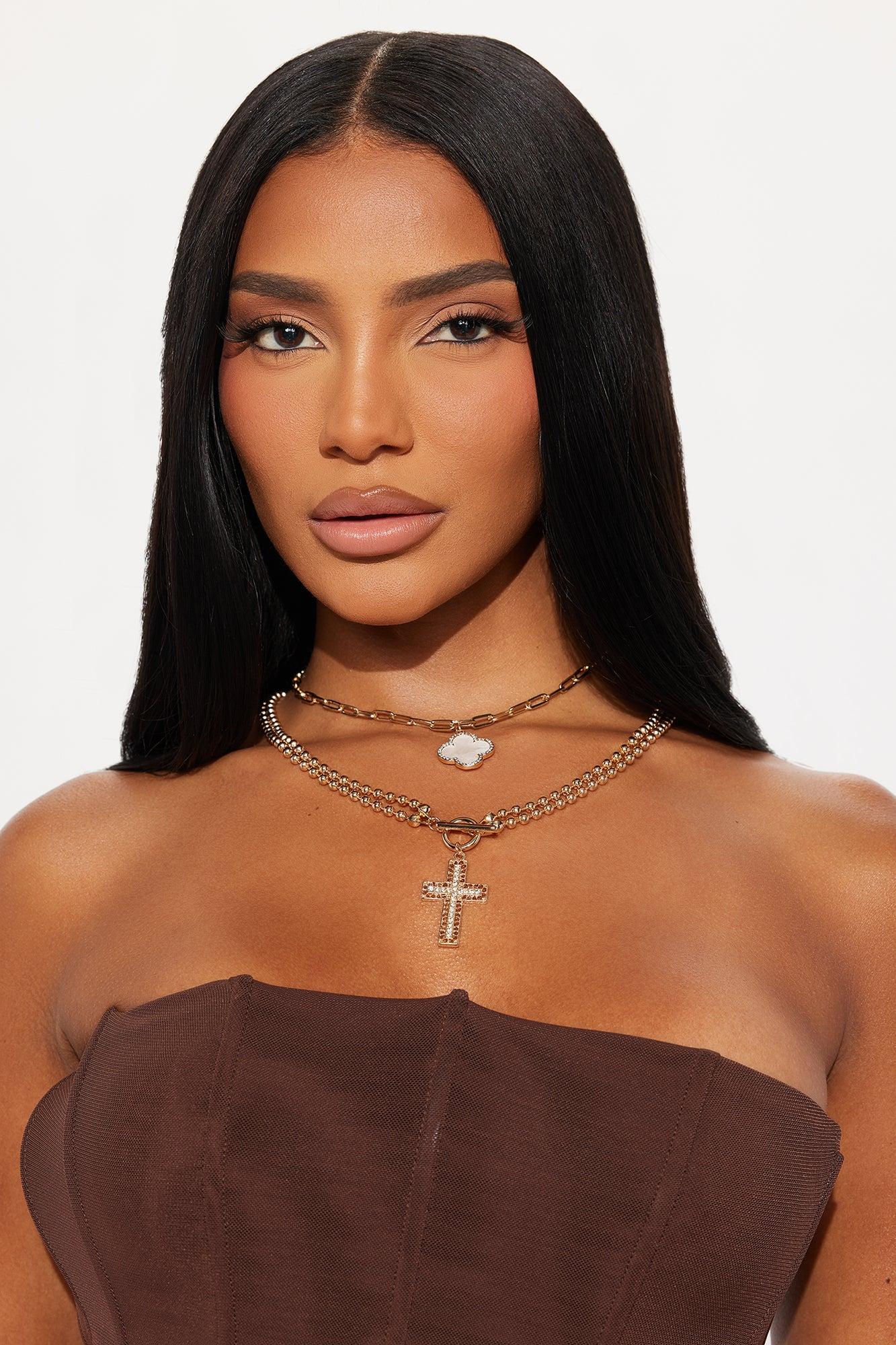 Praying For Luck Layered Necklace - White/Gold Female Product Image